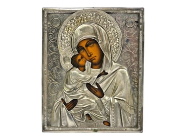 Antique Virgin of Vladimir Icon w/ Silver Oklad Overlay
