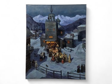 Vsevolod Mikhailovich Petrov-Maslakov Oil Painting of an Old Russian Church at Night