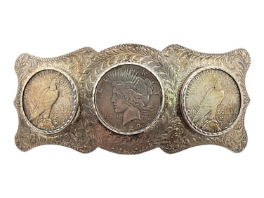 A Large Peace Dollar Themed Silver Belt Buckle