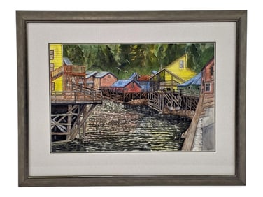 John L. Aho "Creek Street Park" Watercolor Painting