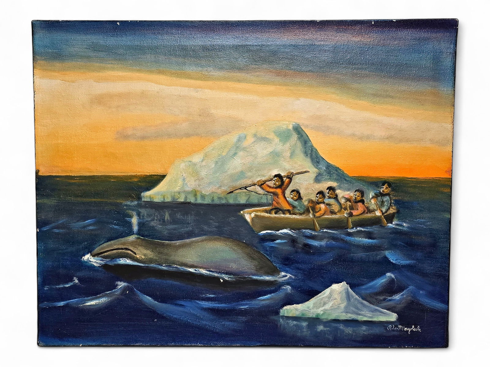 Robert Mayokok Oil Painting of a Whale Hunt: A highly unusual oil painting on canvas by Inupiaq artist Robert Mayokok (1903-1983). Mayokok's drawings are a glimpse into the Alaskan Native lifestyle, depicting hunting and fishing scenes, crafted