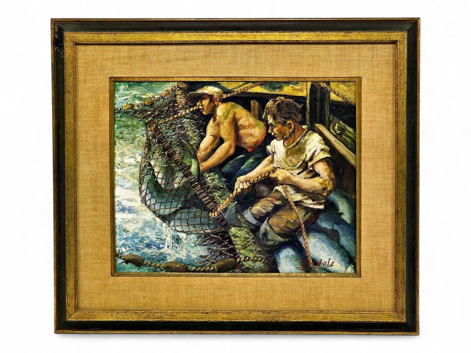 Harvey B. Goodale Oil Painting of Commercial Salmon Fishing: An original painting on canvas by celebrated Alaska artist Harvey B. Goodale (1900-1980). Artwork depicts a pair of commercial fishermen operating a purse seiner laboring to raise their filled net