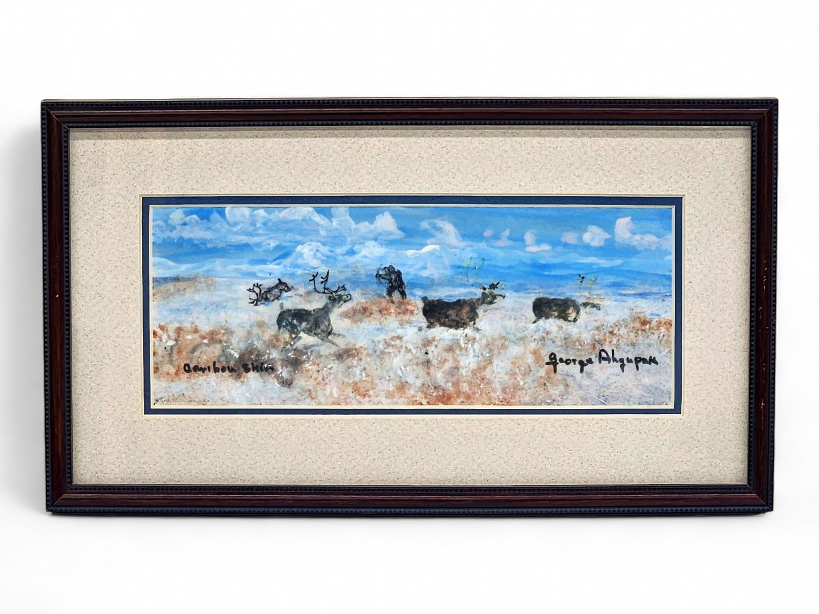 George Ahgupuk Original Painting on Caribou Skin: A signed mixed-media painting by Inupiaq artist George Ahgupuk (1911-2001), drawn directly on prepared caribou skin, congruent with Ahgupuk's well-known style. George Aden Ahgupuk, nicknamed Twok,