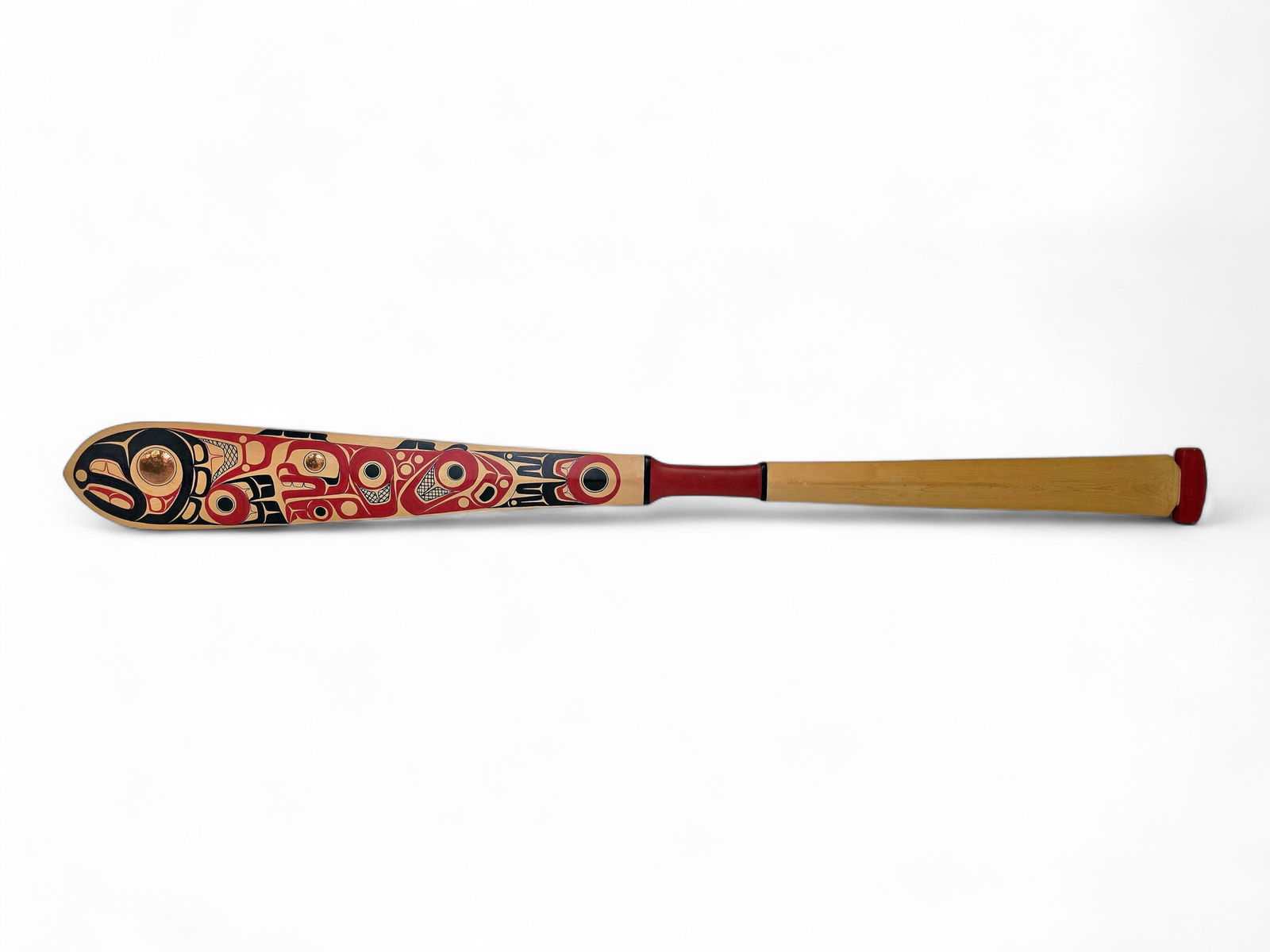 Tsimshian Polychrome Decorated & Inlaid Paddle - Jarvis Perez: A beautifully crafted paddle titled "Spirit of the Salmon" featuring Pacific Northwest style formline designs, hand-carved and painted by Tsimshian artist Jarvis Perez. The Tsimshian are an