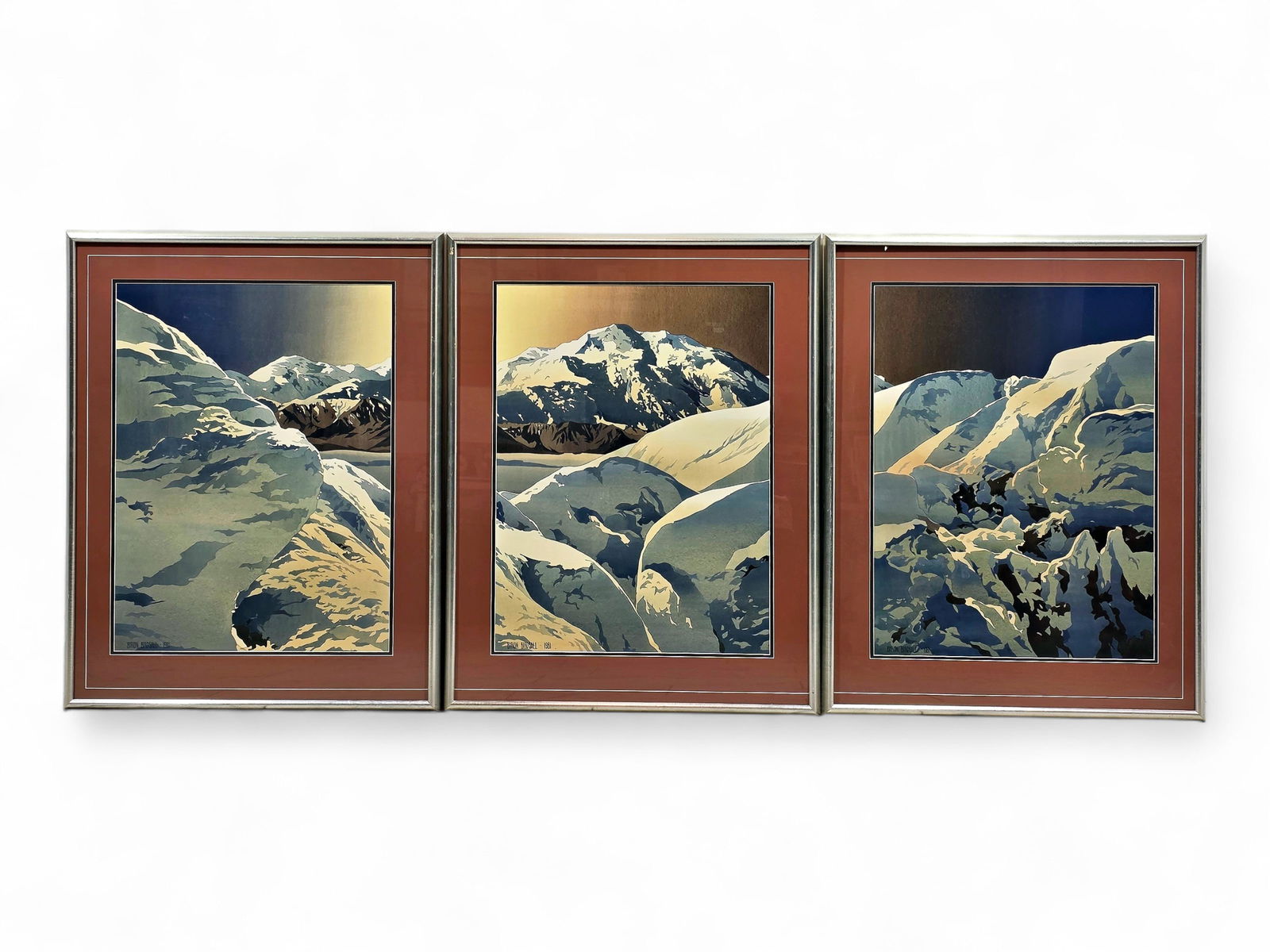 Byron Birdsall Watercolor Triptych of Snowy Mountains: An original watercolor on paper triptych by the renowned Alaskan artist, Byron Birdsall (1937-2016), untitled. The artwork depicts a panoramic landscape featuring soft, snowy hills in the foreground