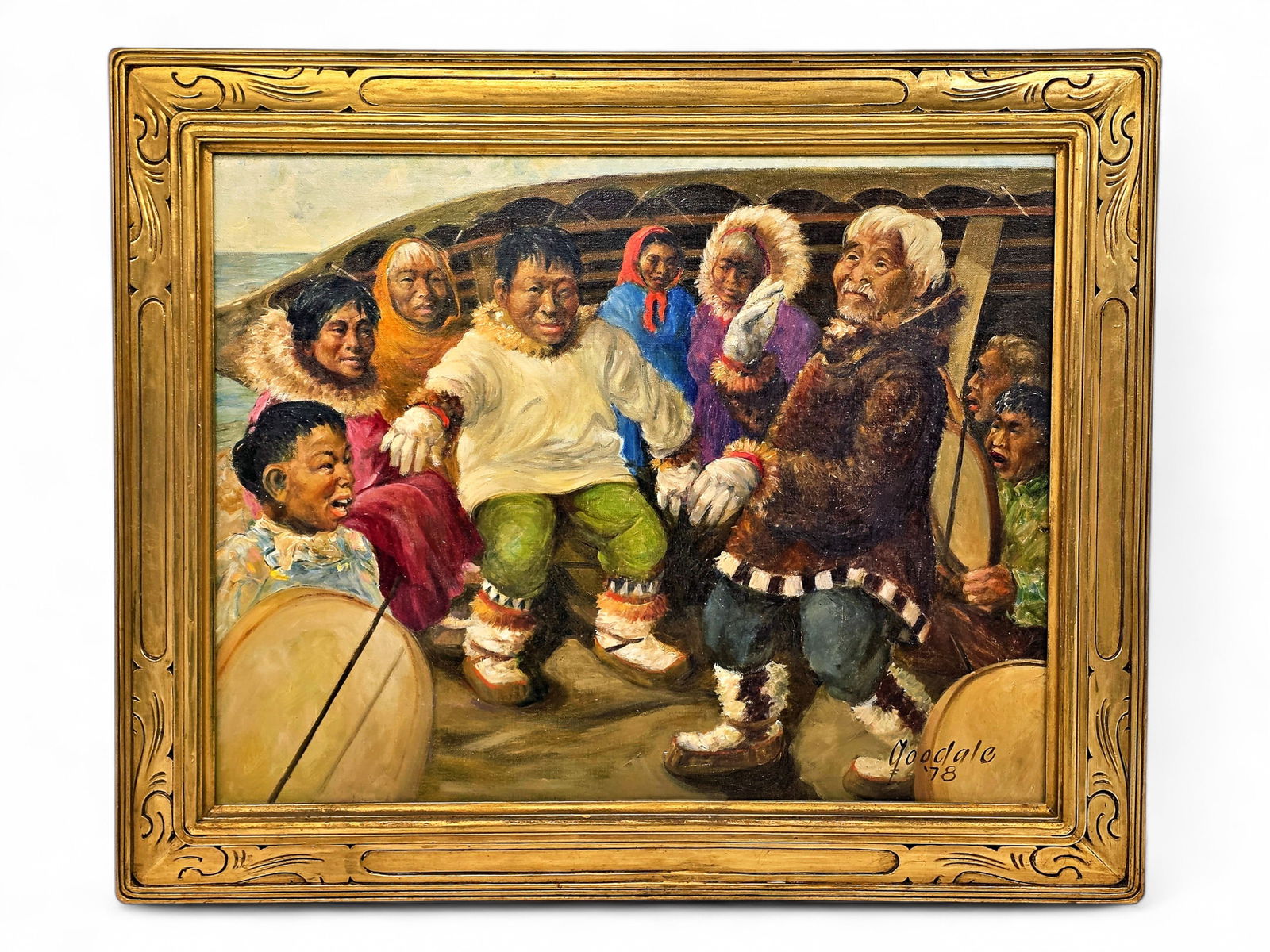 Harvey B. Goodale "Alaska Native Singers & Dancers" Original Oil Painting: An original oil painting on stretched canvas by celebrated Alaska artist Harvey B. Goodale (1900-1980). Artwork depicts a group of male and female Alaska Native dancers accompanied by a man playing a