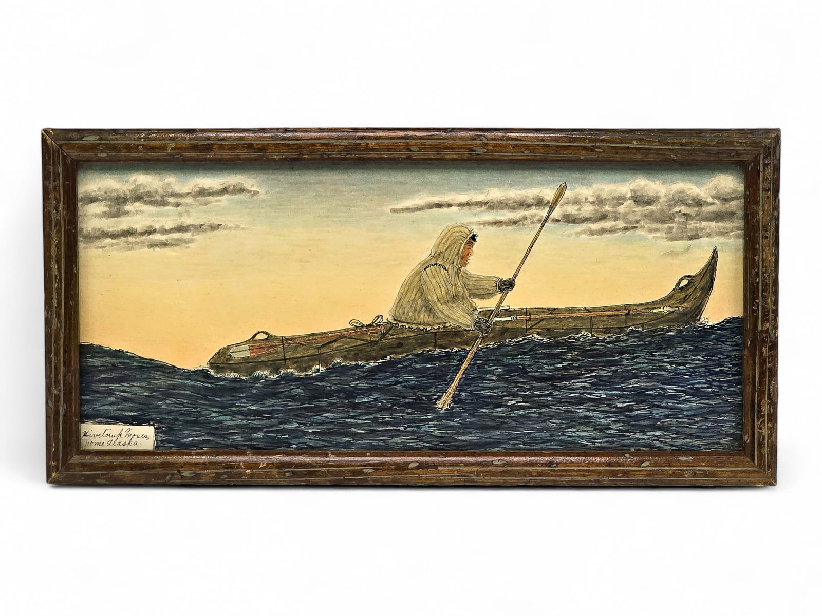 James Kivetoruk Moses Kayak Hunter Scene: An original ink and watercolor drawing on paper by Cape Espenberg, Alaska artist Kivetoruk Moses (1903-1982). Moses spent the first half of his life as a subsistence hunter and trapper. After a 1953
