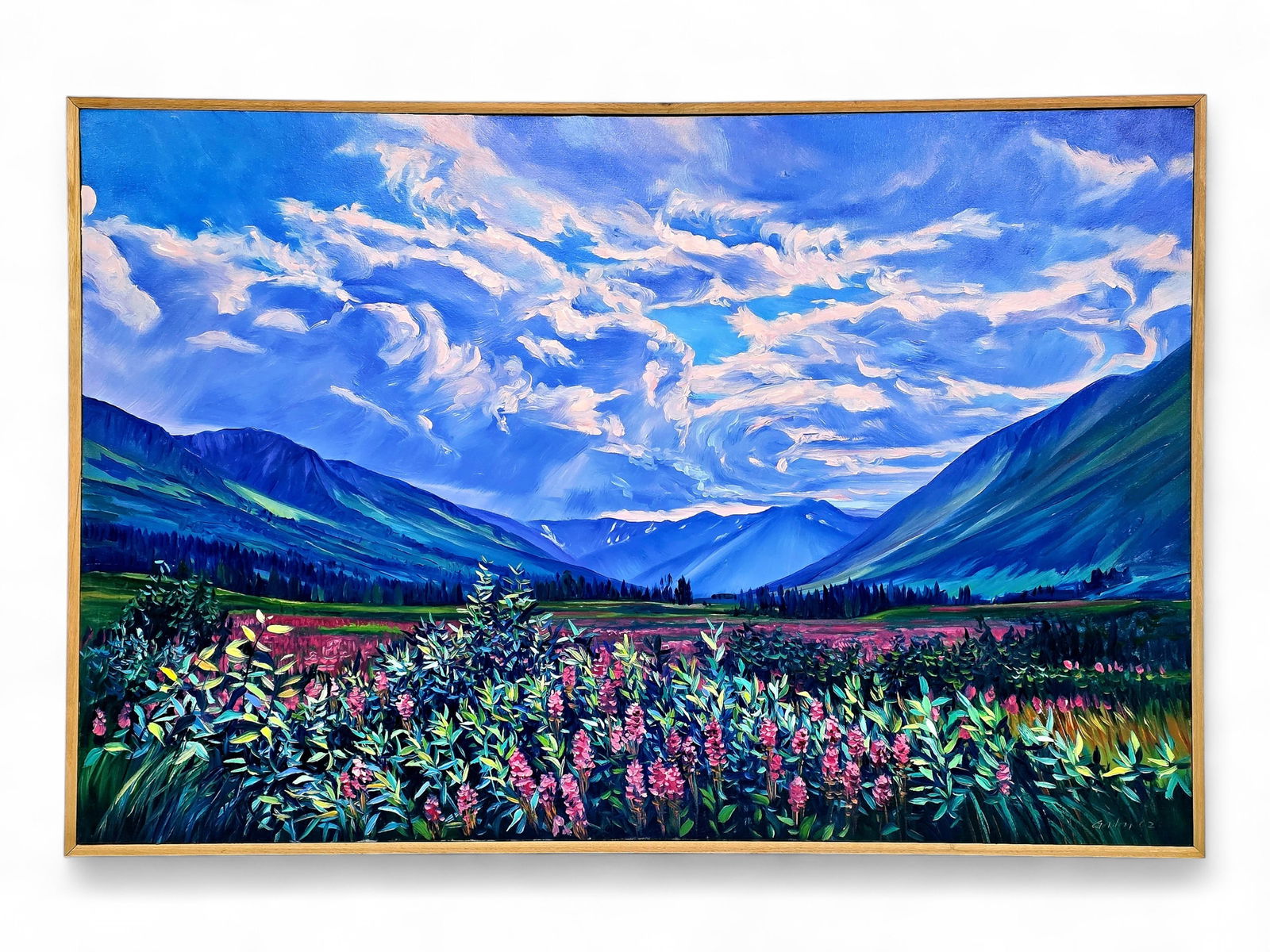 Steve Gordon "Turnagain Pass Fireweed" Oil Painting: A very large original oil painting on canvas entitled "Turnagain Pass Fireweed" depicting lush vibrant vegetation and soft swirling clouds, signed in the lower right and en verso by Alaska artist Stev