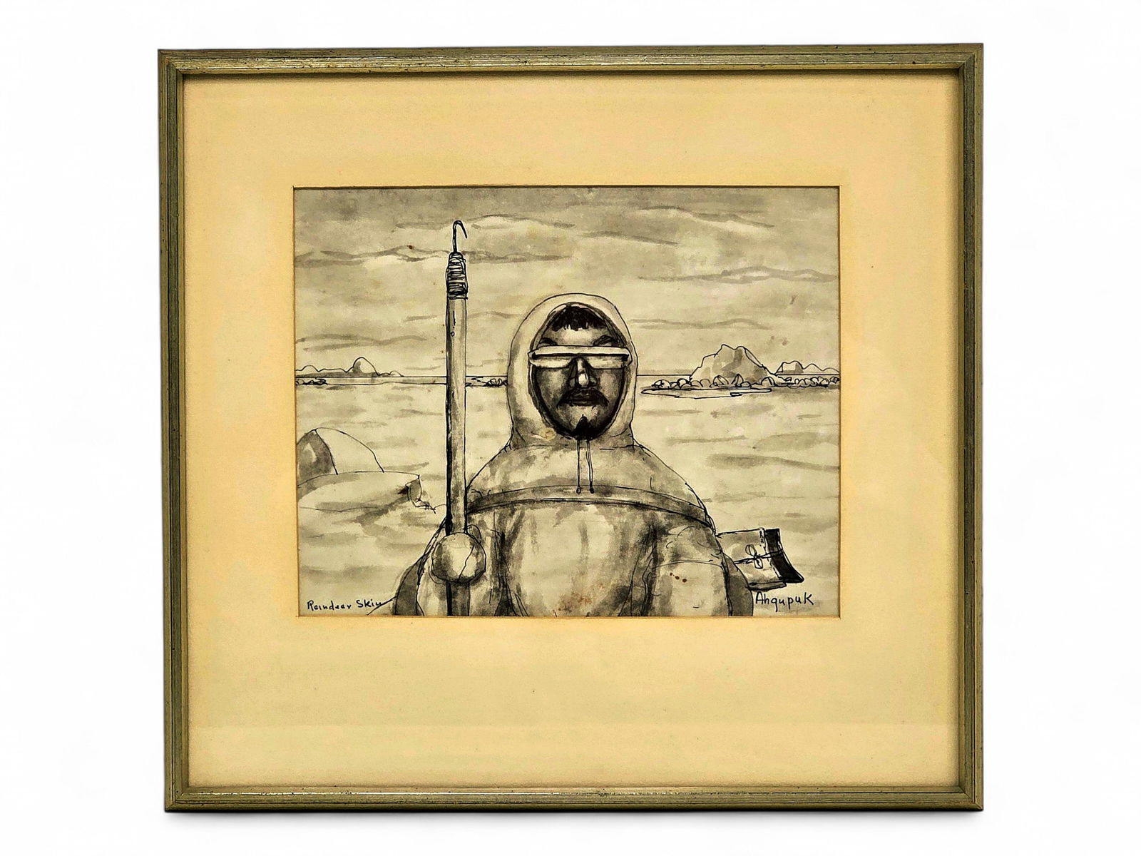 George Ahgupuk Ink-Wash Portrait on Reindeer Skin: A signed watercolor and ink-wash drawing by Inupiaq artist George Ahgupuk (1911-2001), drawn directly on prepared reindeer skin, congruent with Ahgupuk's well-known style. George Aden Ahgupuk,