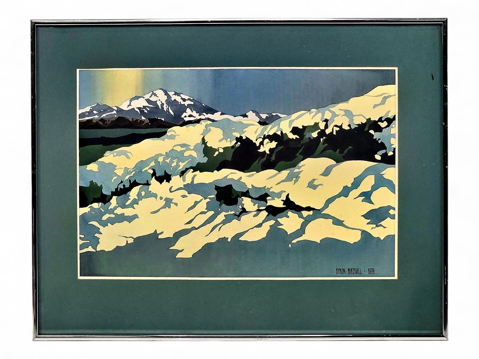 Byron Birdsall "McKinley Snow Bank" Watercolor Painting: An original watercolor on paper by the renowned Alaskan artist, Byron Birdsall (1937-2016), titled "McKinley Snow Bank". The artwork is simple, yet stunning, depicting a snowy mountainous landscape