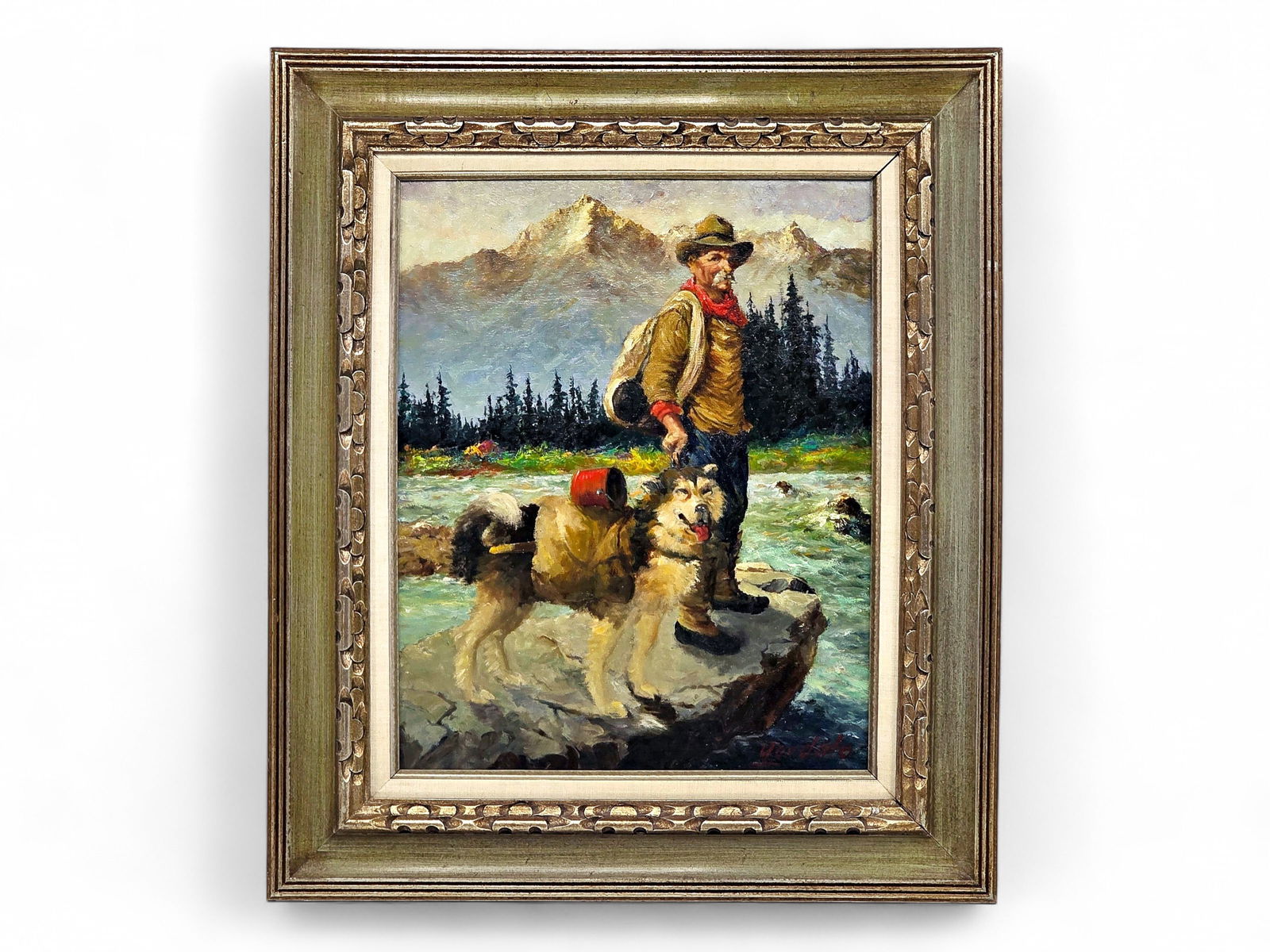 Harvey B. Goodale Oil Painting of a Sourdough & His Dog: An original oil painting on panel by celebrated Alaska artist Harvey B. Goodale (1900-1980). Artwork depicts an old sourdough miner or hiker with his trusty pack dog, a fluffy husky; pops of bright