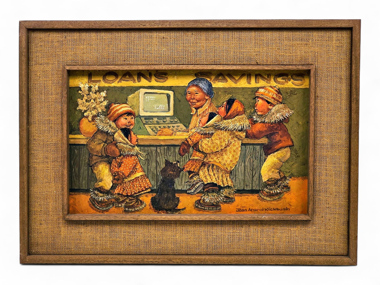 Joan Arend Kickbush Oil Painting of a Banking Scene: An original oil painting on panel by Alaska artist Joan Arend Kickbush (1926-2006), depicting a group of rosy-cheeked Alaska Native children and a pup at the counter of a banking institution, all