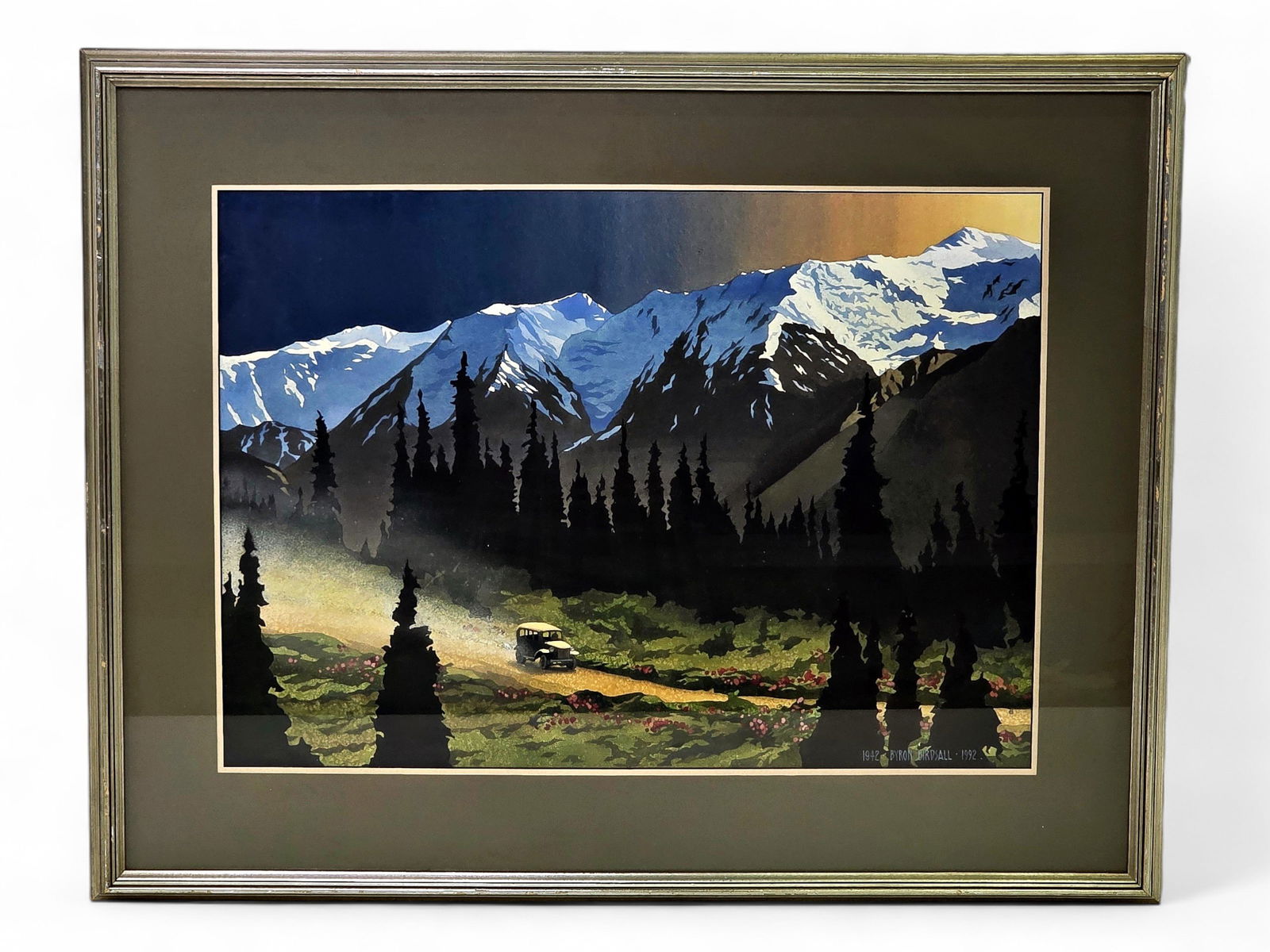 Byron Birdsall "The Alaska Highway, Road to Adventure" Watercolor Painting: An original painting by the renowned Alaskan artist, Byron Birdsall (1937-2016), titled "The Alaska Highway, Road to Adventure." The artwork depicts an automobile navigating the at-that-time unpaved h