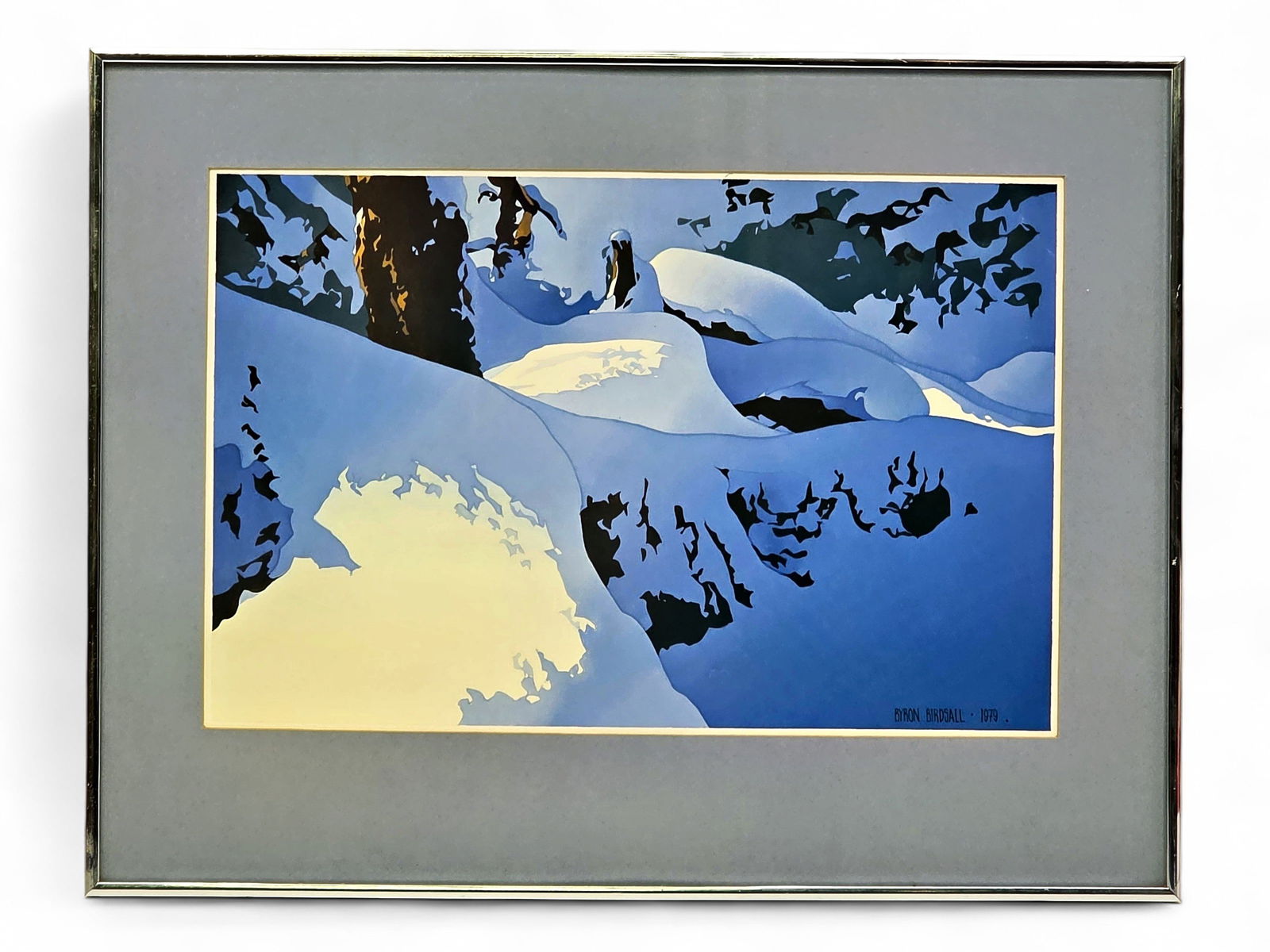 Byron Birdsall "Kincaid Snow Banks" Original Watercolor Painting: An original watercolor on paper by the renowned Alaskan artist, Byron Birdsall (1937-2016), titled "Kincaid Snow Banks". The painting depicts soft snowbanks in varying shades of blue, deep enough to