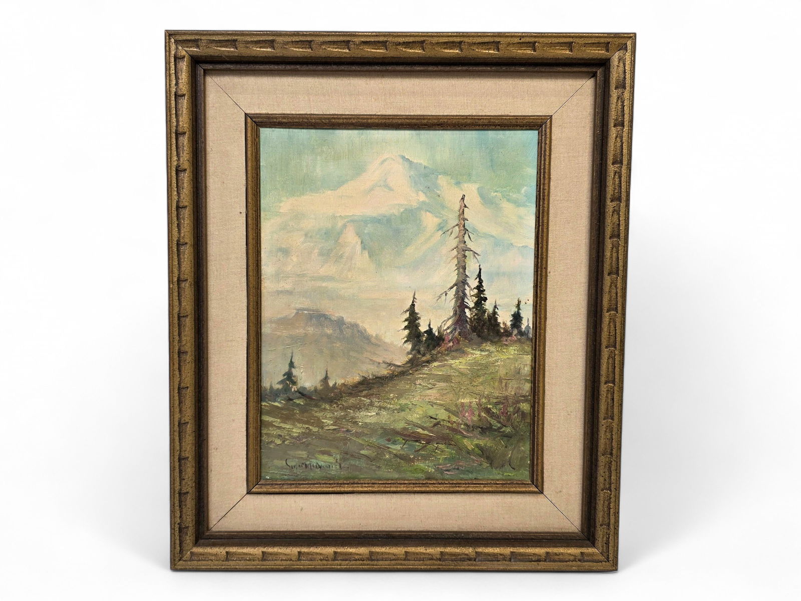Scott McDaniel Oil Painting of Mount Denali: An original painting on canvas by Alaska artist Scott McDaniel (1926-2012). McDaniel is known for his majestic landscapes and wildlife paintings of Alaska, including many ice tundras, snowy