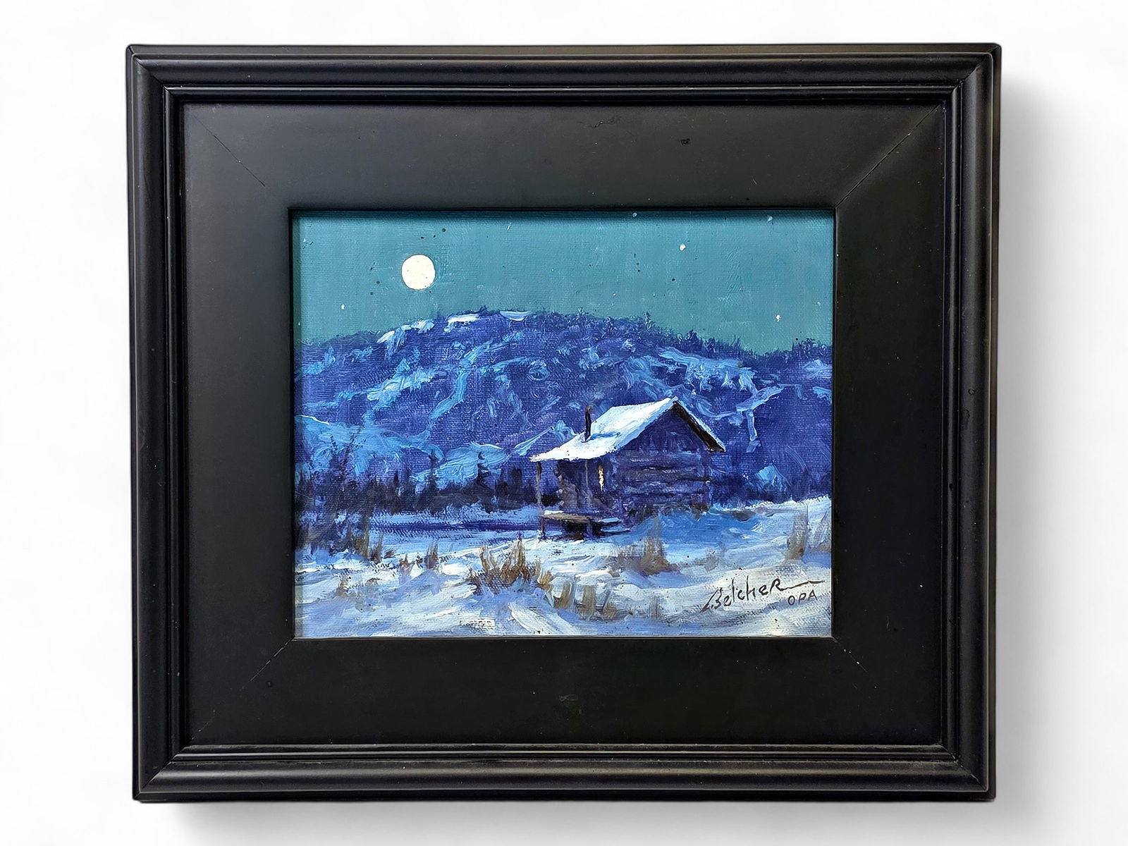 James Belcher Oil Painting of an Alaskan Cabin in Winter: An original painting on canvas by Alaska artist James Belcher (20th/21st Century). Belcher is an American artist known for his vivid portrayals of Alaska's coastal and wilderness scenes. His work