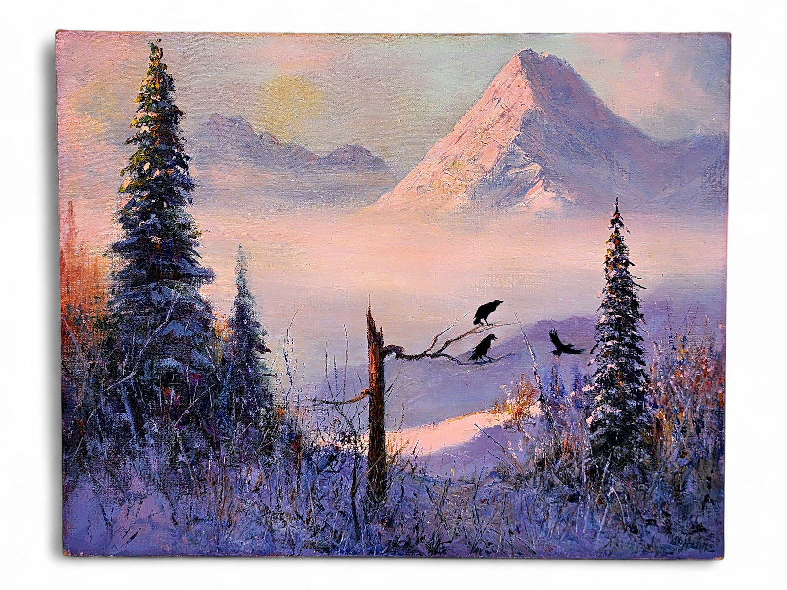 Ellen Henne Goodale Alaskan Landscape Oil Painting: An original painting on canvas by Alaska artist Ellen Henne Goodale (1915-1991). Artwork depicts a trio of ravens in the foreground; the background with sharp mountainous peaks and soft, hazy clouds;