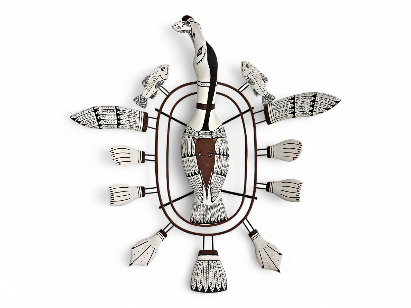 Nunivak Island Loon Spirit Mask - Harry Shavings: A Nunivak Island carved spirit wheel by the late Yup'ik artist Harry Shavings (1909-1989), predominantly painted in black and white with brown accents and featuring a central loon figure within two