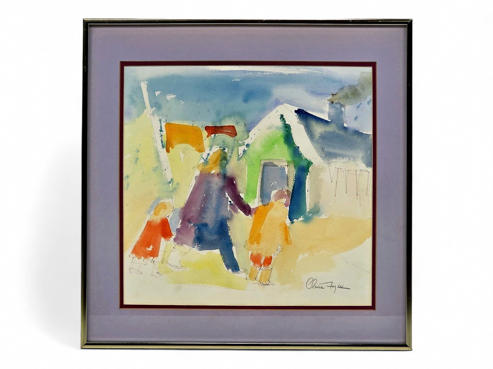 Claire Fejes Watercolor Painting of a Mother & Children: An original watercolor painting depicting a mother and her two children near a laundry line extending from a house, signed by Alaska artist Claire Fejes (1920-1998) in the lower right corner. Matted a