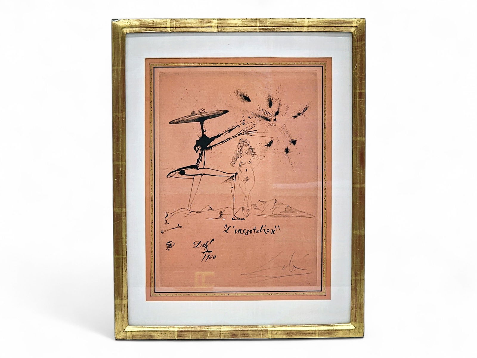 Salvador Dali "L'Incantation" Mixed Media Etching & Ink Print: A c.1969 limited edition mixed media etching and ink print entitled "L'Incantation" signed in the lower right by surrealist artist Salvador Dali (Spanish, 1904-1989); the art depicts a spindly figure