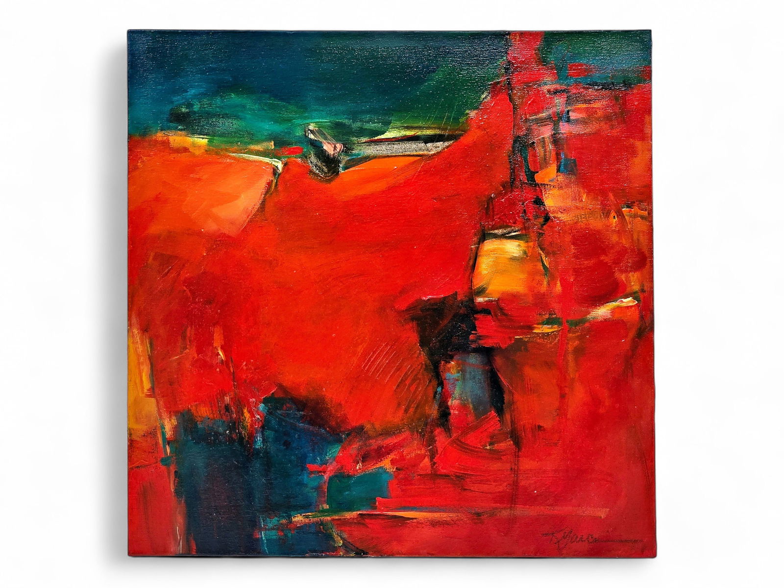 Kim Marcucci "Aerial Fields - Red" Acrylic Painting: An original abstract acrylic painting on canvas entitled "Aerial Fields - Red" in bold red with sections of dark blue, green, and orange by Alaska artist Kim Marcucci (b.1957), signed in the lower rig