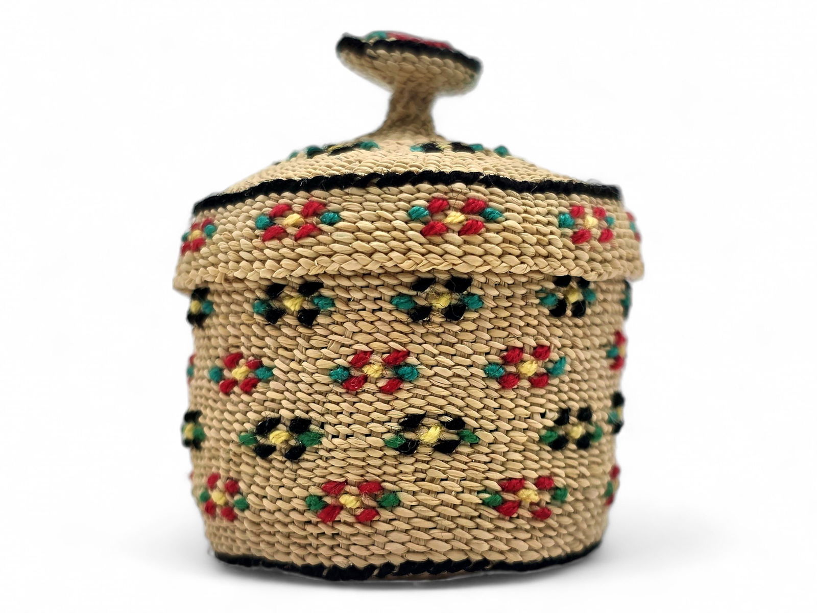 Diminutive Aleut Twined Grass Basket w/ Floral Design (1 of 7)