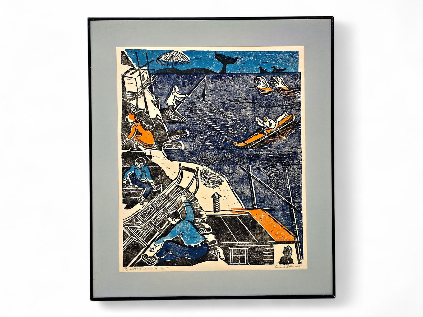 Bernard Katexac "Season in the Arctic I" Woodblock Print: A signed and numbered 25/30 woodblock print titled "Seasons in the Arctic I" by Inupiaq artist Bernard Katexac (1922-1997) in orange and shades of blue. Originally commissioned by the City of Nome, Al