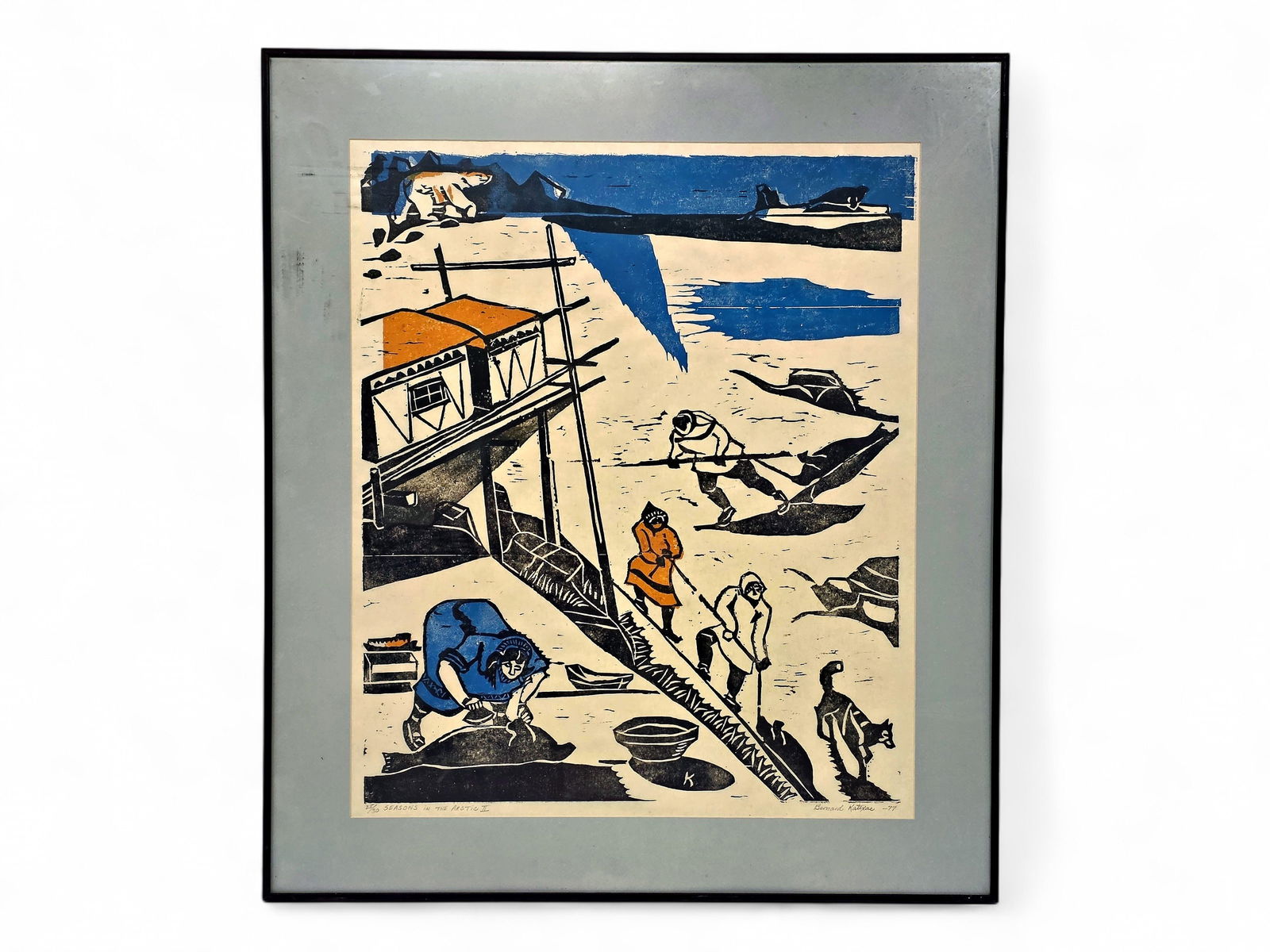Bernard Katexac "Seasons in the Arctic II" Woodblock Print: A signed and numbered 25/30 woodblock print titled "Seasons in the Arctic II" by Inupiaq artist Bernard Katexac (1922-1997) with pops of blue and orange. Originally commissioned by the City of Nome, A