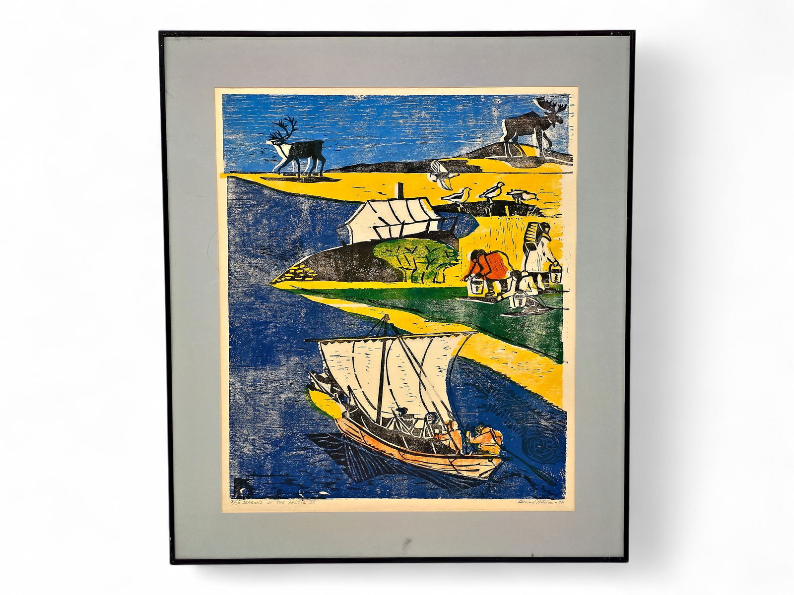 Bernard Katexac "Season of the Arctic IV" Woodblock Print: A signed and numbered 8/30 woodblock print titled "Seasons of the Arctic IV" by Inupiaq artist Bernard Katexac (1922-1997) in mostly primary colors. Originally commissioned by the City of Nome, Alaska