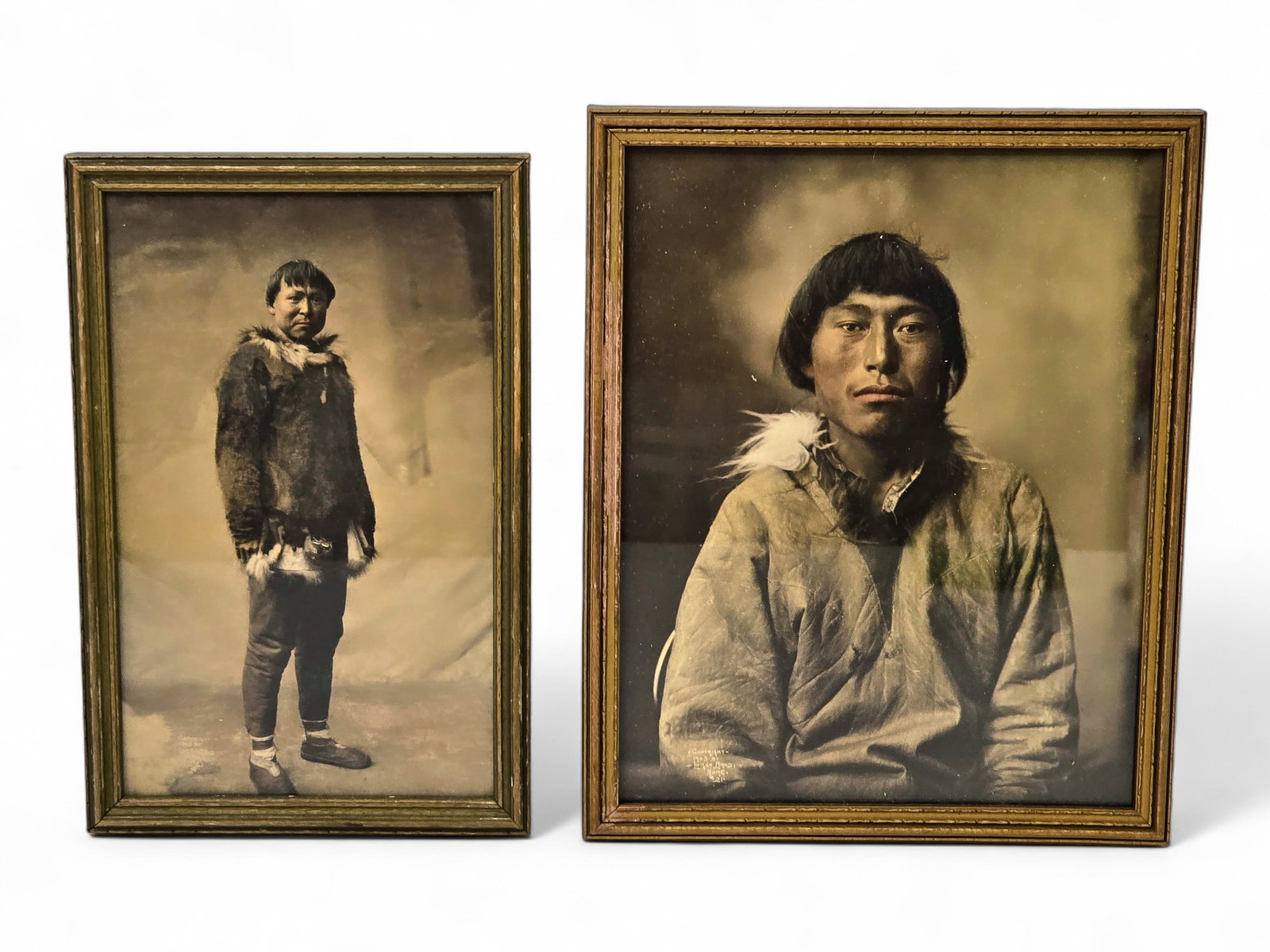 Antique Alaska Native Portrait Photographs - Beverly Bennett Dobbs & Lomen Bros Studio: Two circa 1903 portrait photographs numbered 21 and 23 depicting Native Alaskan men, printed by the Lomen Bros Studio, founded in Nome, Alaska by Carl, Harry, Alfred, and Ralph Lomen after they arrive