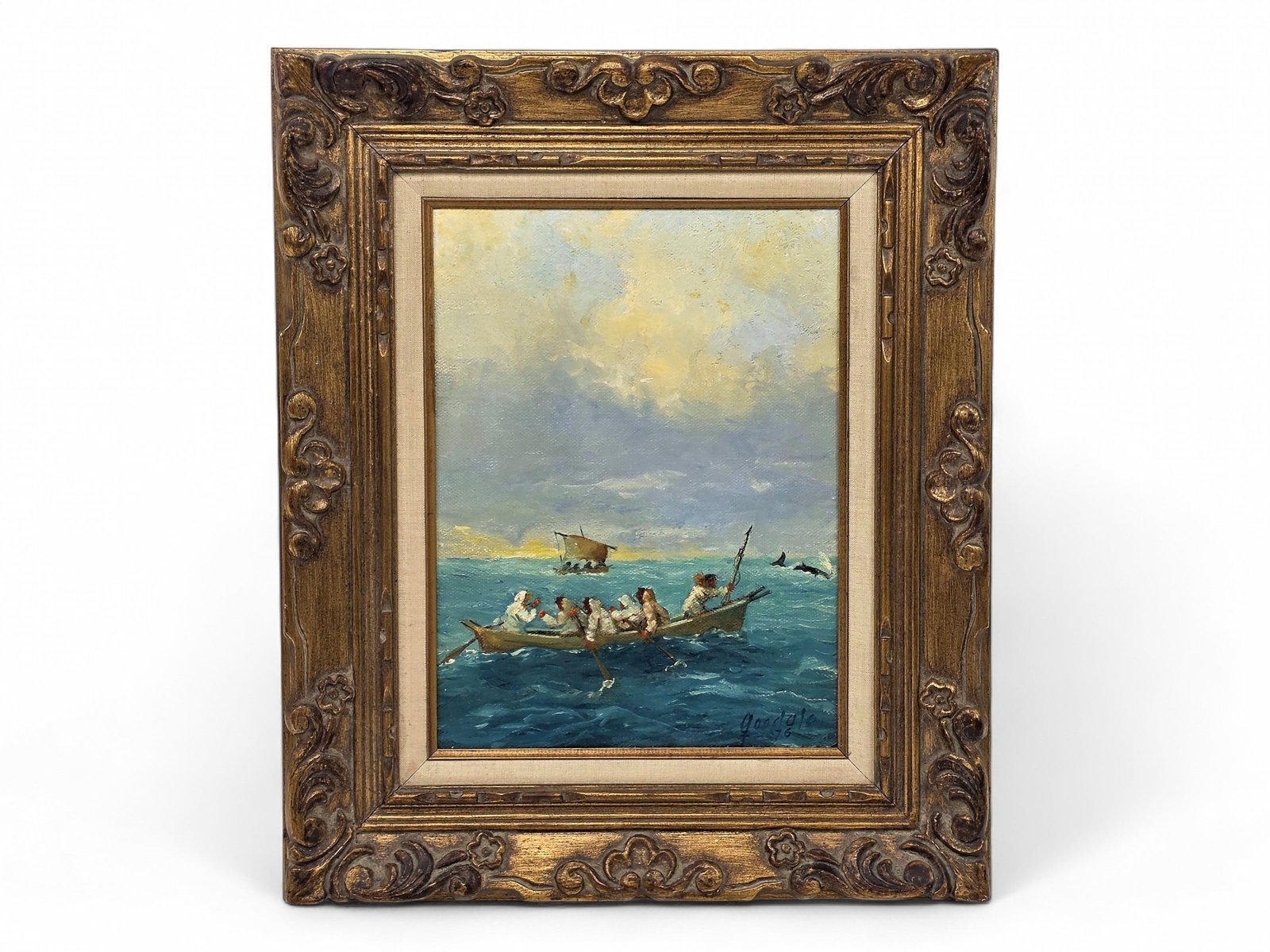Harvey B. Goodale Oil Painting of Whale Hunters: An original painting by celebrated Alaska artist Harvey B. Goodale (1900-1980). Artwork depicts six traditional Alaska Native whale hunters within their umiak as they traverse rough waters; a second s