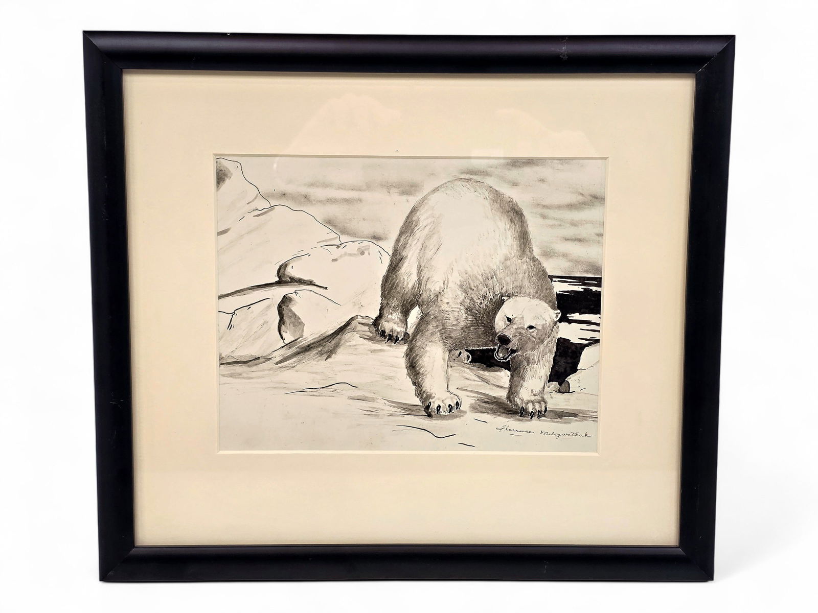 Florence Melewotkuk Pen & Ink Polar Bear Drawing: A signed original monochromatic pen and ink drawing depicting a polar bear with an aggressive posture in an Arctic environment, signed by the late Yup'ik artist Florence Nupok Melewotkuk (1906-1971) i