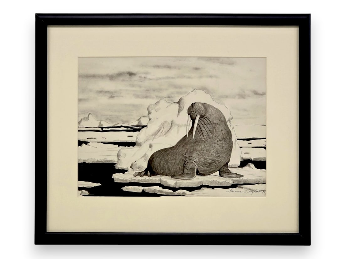 Florence Melewotkuk Pen & Ink Drawing of Walrus: A signed original monochromatic pen & ink drawing depicting a walrus sitting upright and alert on an ice floe in Arctic waters, signed by the late Yup'ik artist Florence Nupok Melewotkuk (1906-1971) i