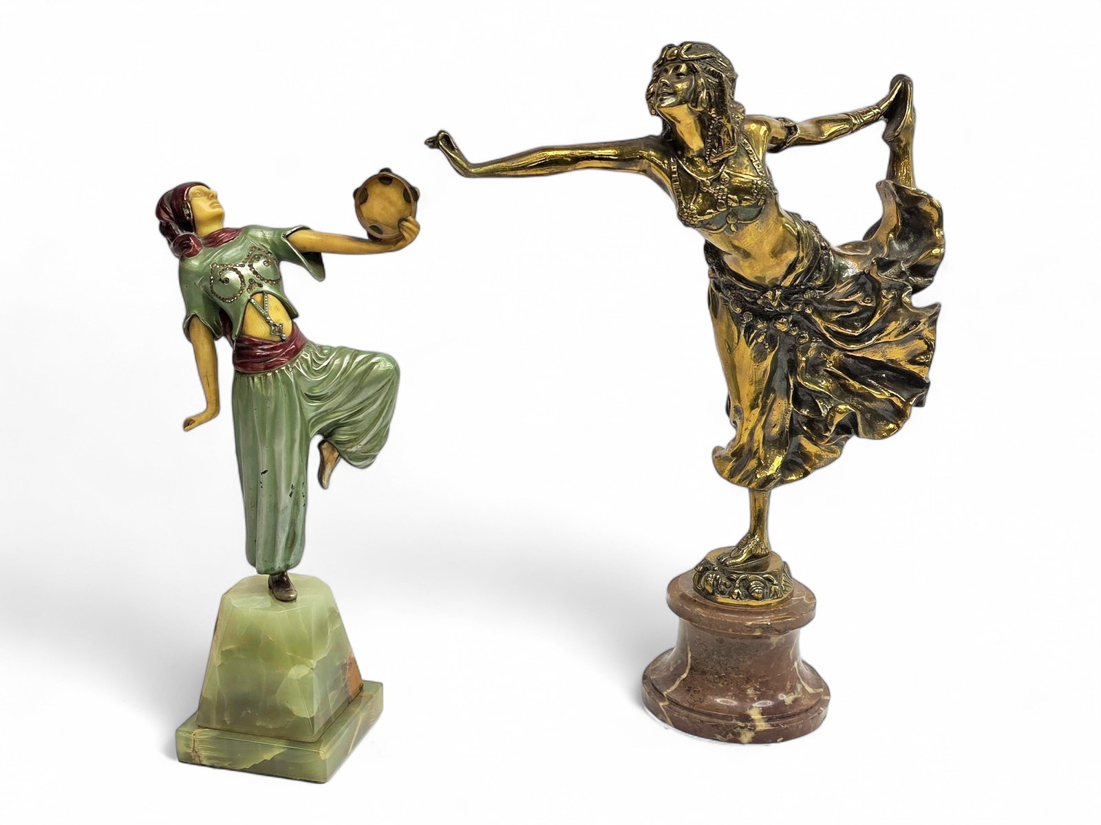 Two Art Deco Bronzes - Claire Jeanne Roberte Colinet & Other: Two Art Deco bronzes, including an example by noted French Sculptor Claire Jeanne Roberte Colinet (1885-1972), depicting a dancer with outstretched arms, the body highly polished, and the other, an un