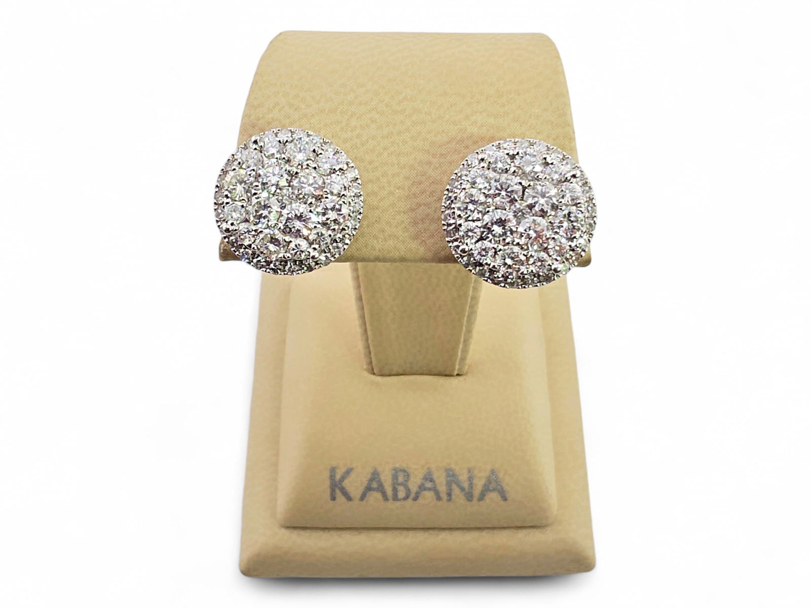 2.4 ctw Diamond Earrings in 14k White Gold by Kabana: A beautiful pair of sizeable diamond earrings made by the esteemed designer Kabanam, set within 14 karat white gold and featuring a combined total of eight 3.05mm (0.88 ctw) diamonds, eight 2.75mm (0.