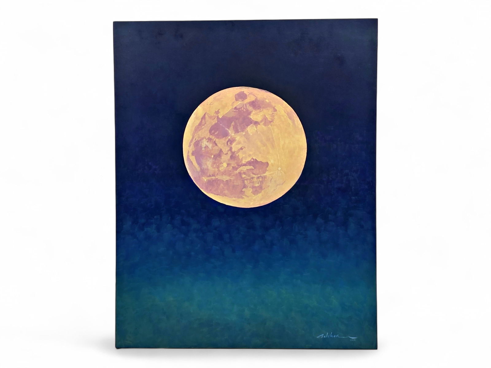 James Belcher Original Lunar Oil Painting: A large-format, breathtaking original canvas painting by Alaska artist James Belcher (20th/21st Century). Belcher is an American artist known for his vivid portrayals of Alaska's coastal and wildernes