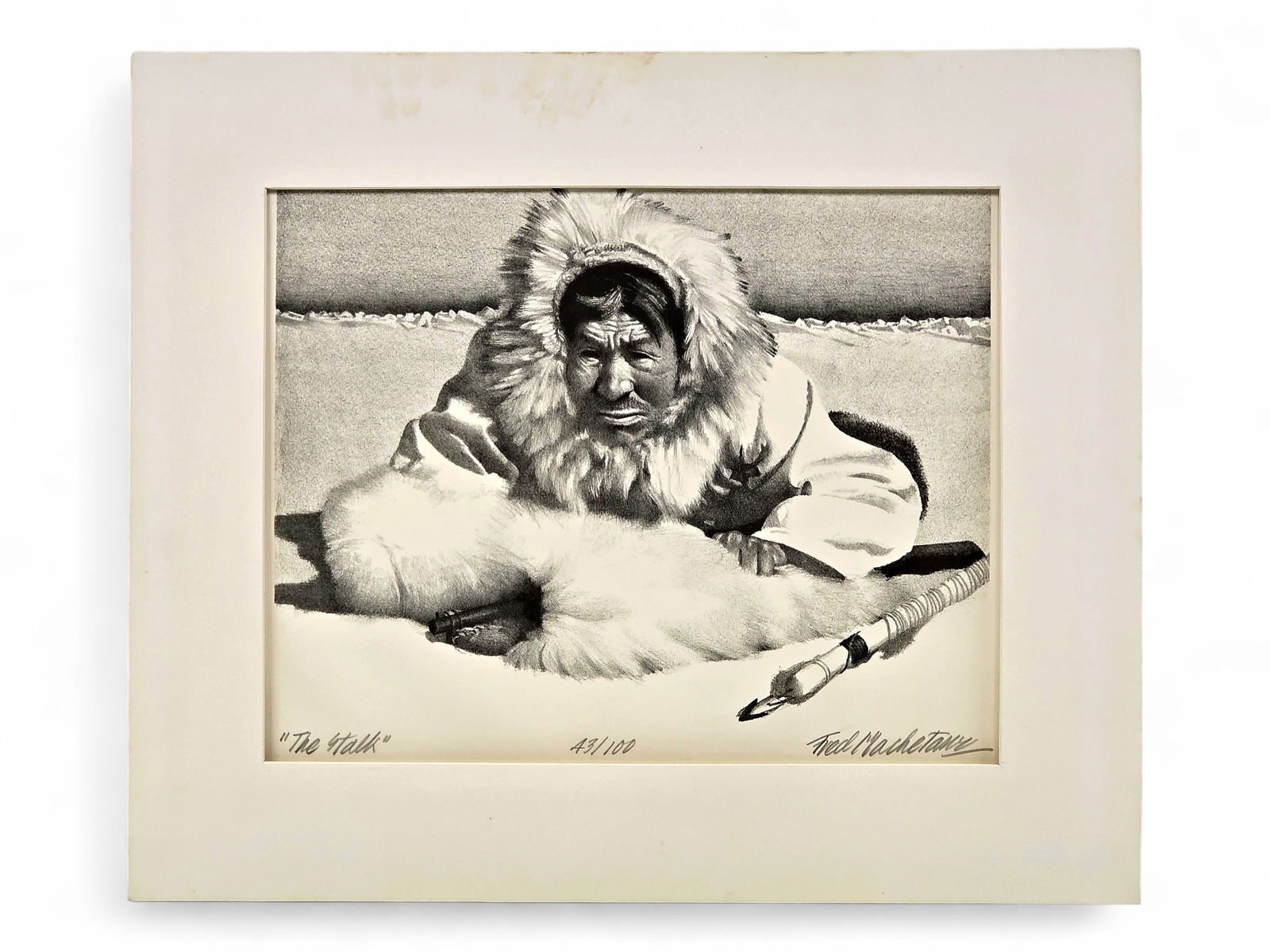 Fred Machetanz "The Stalk" Stone Lithograph: A stone lithograph c.1977 by the late Alaskan artist, Fred Machetanz (1908-2002) entitled "The Stalk". The work depicts Achebuk, a wily Eskimo hunter from the village of Unalakleet, who is using