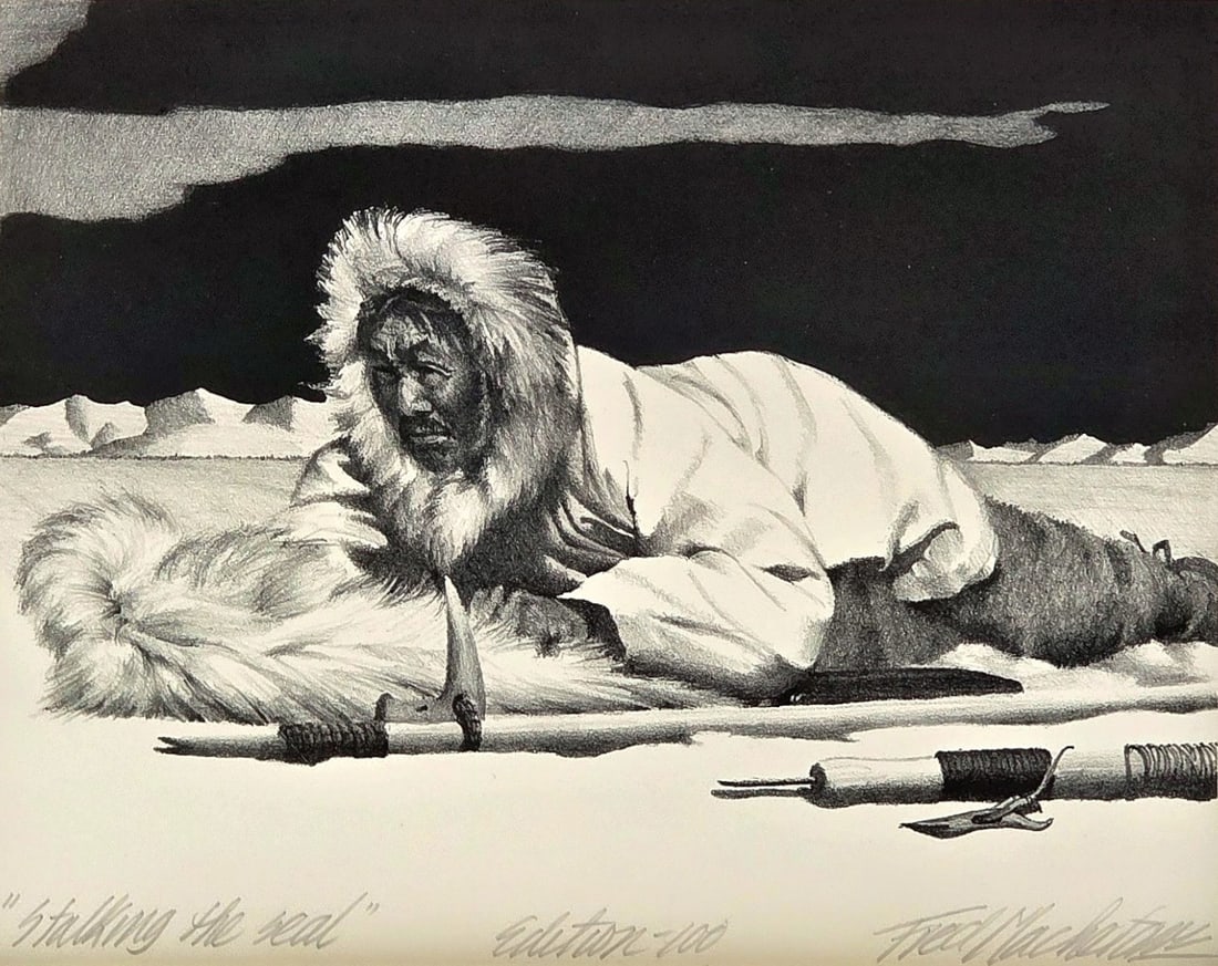 Fred Machetanz "Stalking the Seal" Stone Lithograph: A stone lithograph c.1962 by the late Alaskan artist, Fred Machetanz (1908-2002) entitled "Stalking the Seal". The work depicts wily hunter Accibuk (Achebuk) in his white parka as he bellies toward a