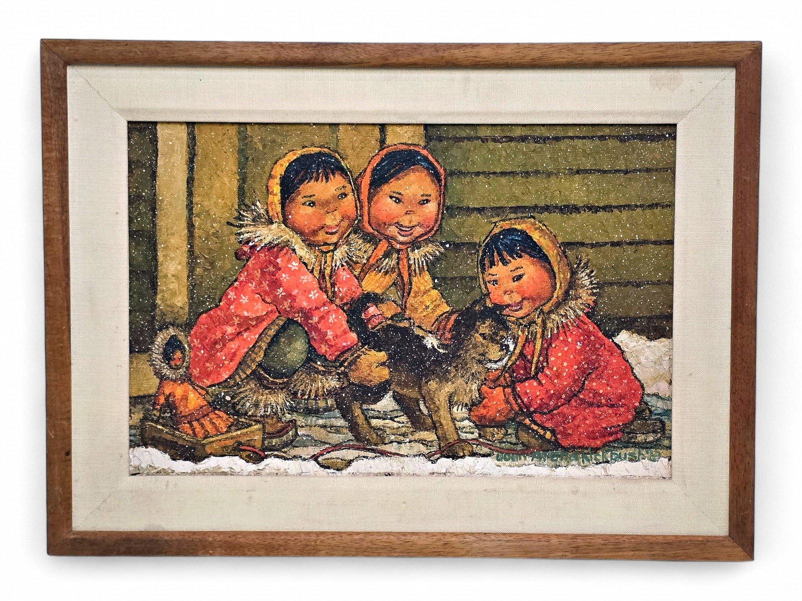 Joan Arend Kickbush Oil Painting of Children & Their Pup: An original oil painting by Alaska artist Joan Arend Kickbush (1926-2006), depicting a trio of rosy-cheeked Alaska Native children playing in the snow with their puppy and doll, the snow and