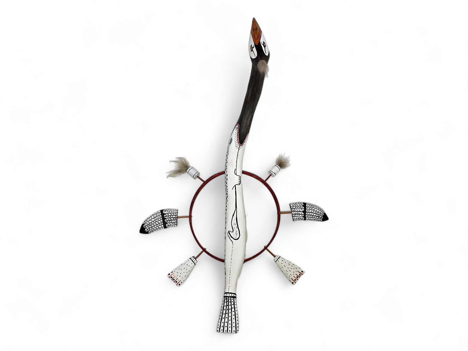 Nunivak Polychrome Wooden Loon Spirit Wheel - Henry Shavings: A Yup'ik spirit wheel with central polychrome wooden loon figure, mounted within a single bentwood frame that is accented with six appendages including wings and fins as photographed. The piece is