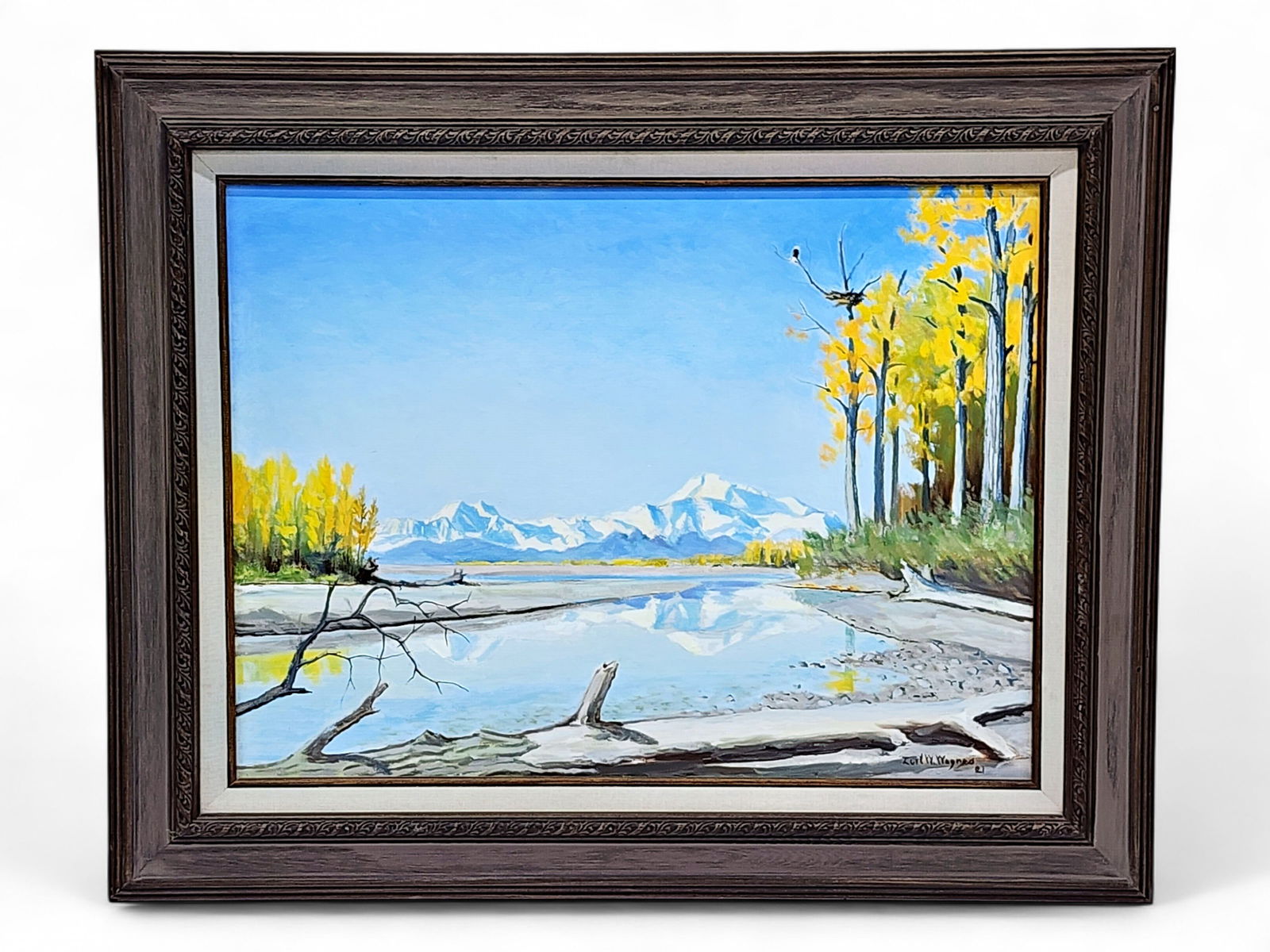Curt Wagner, Jr. Original Mount Denali Autumn Painting: An original painting depicting an autumn landscape with an eagle watching over its nest, and Mount Denali in the background, signed by Alaska artist Curt W. Wagner, Jr. (1922-2010) in the lower right