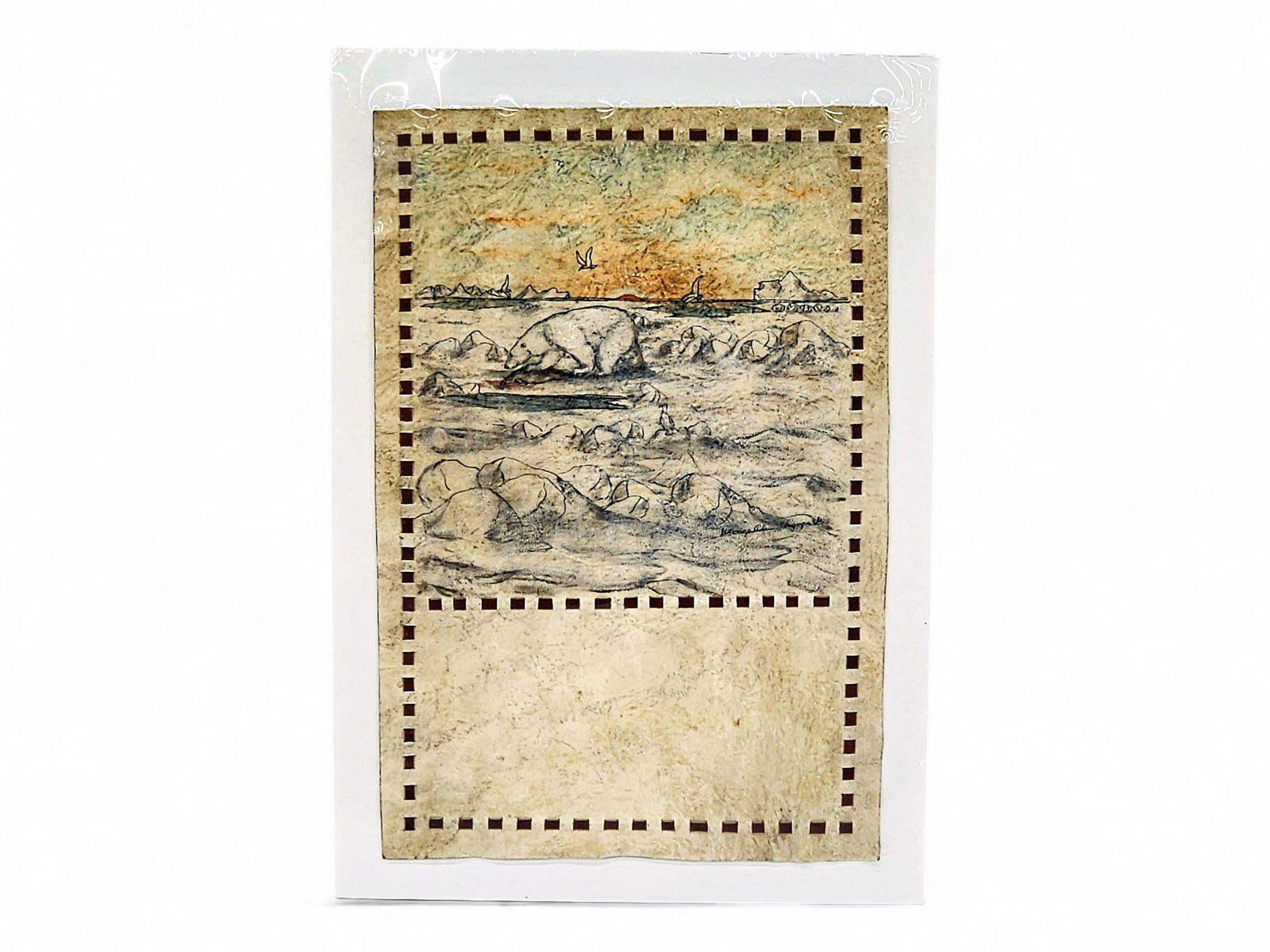 George Ahgupuk Drawing of a Polar Bear on Animal Hide: A signed mixed-media vertical artwork by Inupiaq artist George Ahgupuk (1911-2001), drawn directly on prepared animal hide, congruent with Ahgupuk's well-known style. George Aden Ahgupuk, nicknamed