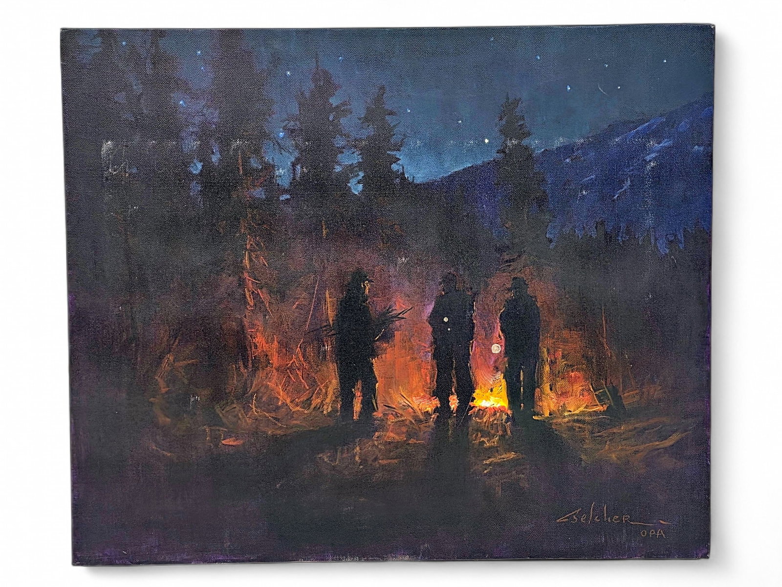 James Belcher "Against the Cold" Oil Painting: An original painting on canvas titled "Against the Cold" by Alaska artist James Belcher (20th/21st Century). Belcher is an American artist known for his vivid portrayals of Alaska's coastal and wilder