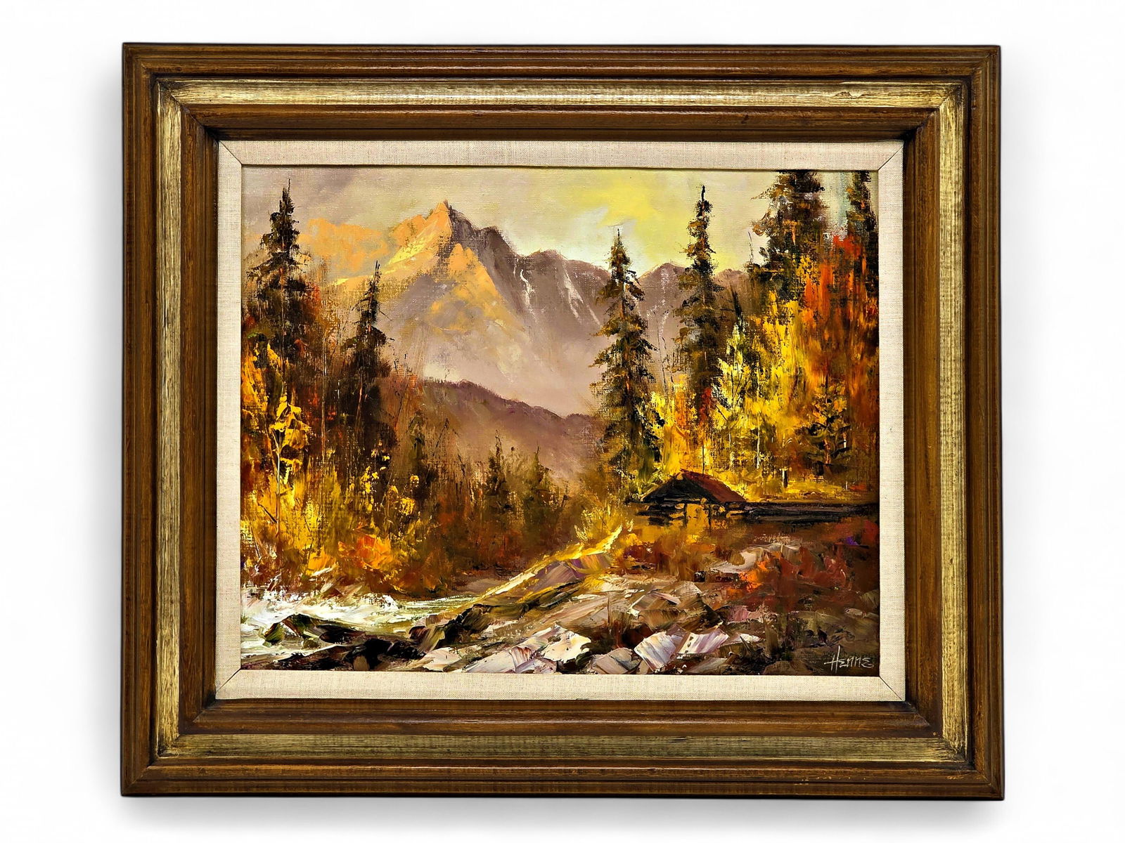Ellen Henne Goodale Alaskan Fall Landscape Oil Painting: An original painting on canvas by Alaska artist Ellen Henne Goodale (1915-1991). For over forty-five years, Ellen traveled most of the state, painting its people, scenery, and animal life. This artwor