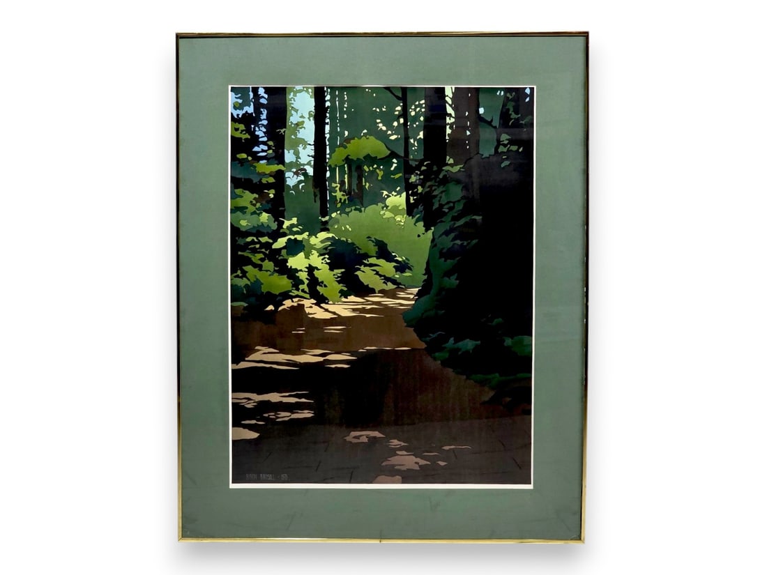 Byron Birdsall "Settler's Cove Trail" Watercolor Painting: A large-format original watercolor painting by the renowned Alaskan artist, Byron Birdsall (1937-2016), entitled "Settler's Cove Trail". The work depicts sunlight dappling the forest floor through the