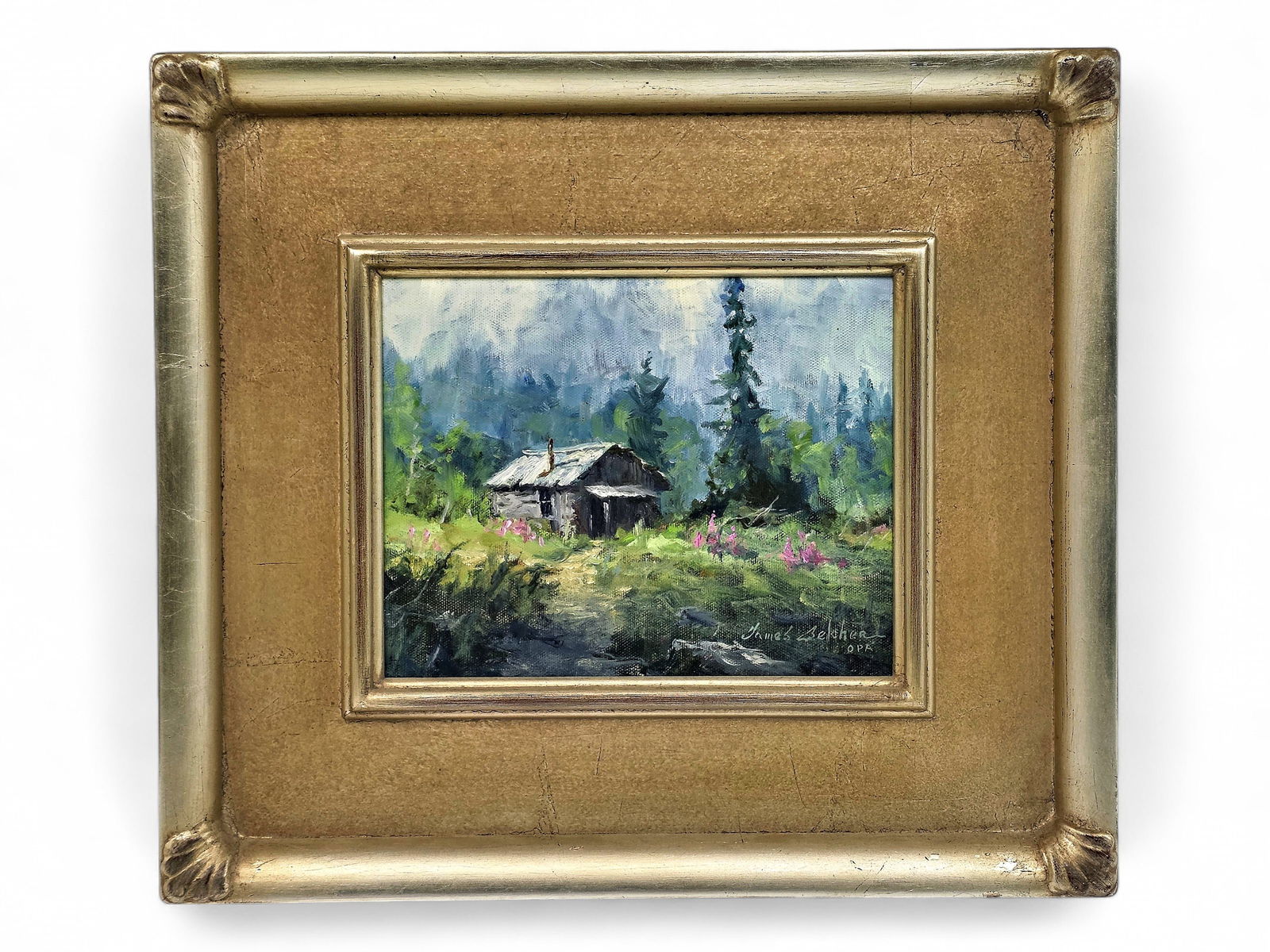 James Belcher Oil Painting of a Wilderness Cabin: An original painting on canvas by Alaska artist James Belcher (20th/21st Century). Belcher is an American artist known for his vivid portrayals of Alaska's coastal and wilderness scenes. His work ofte