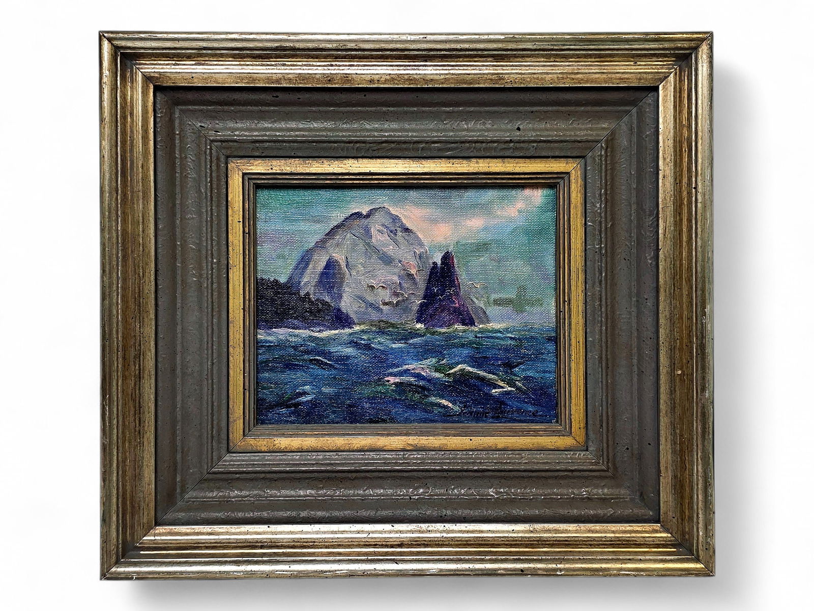 Jeanne Laurence Oil Painting of Cape St. Elias: A signed and framed original landscape oil painting on canvas depicting Cape St. Elias in the Gulf of Alaska, signed by Alaska artist Jeanne Laurence (1887-1980), the wife of the prominent Alaska arti