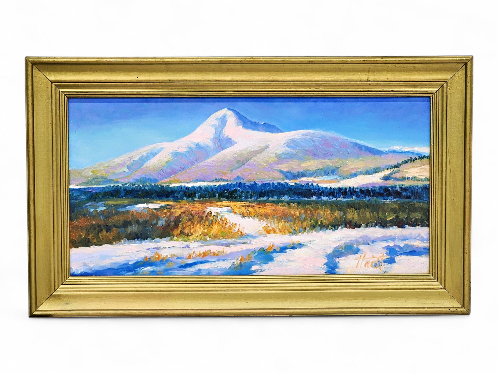 Diann Haist "Gunsight Mountain" Oil Painting: An original oil painting entitled "Gunsight Mountain" depicting the 6,441-foot Alaskan peak in vibrant autumn hues, signed by Alaska artist Diann Haist (Canada, 20th/21st Century) in the lower right c