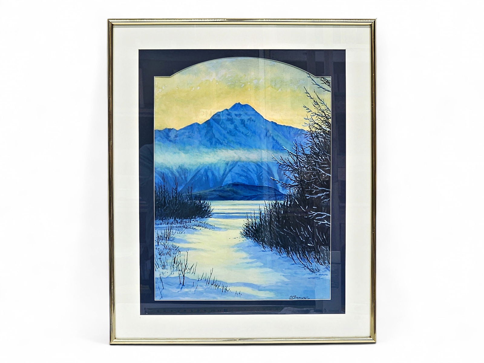 Gary Peterson "Pioneer Peak in Winter" Watercolor Painting: An original watercolor painting entitled "Pioneer Peak in Winter" depicting the 6,398-foot mountain at sunrise, signed by Tlingit artist Gary Peterson (20th/21st Century) in the lower right corner and