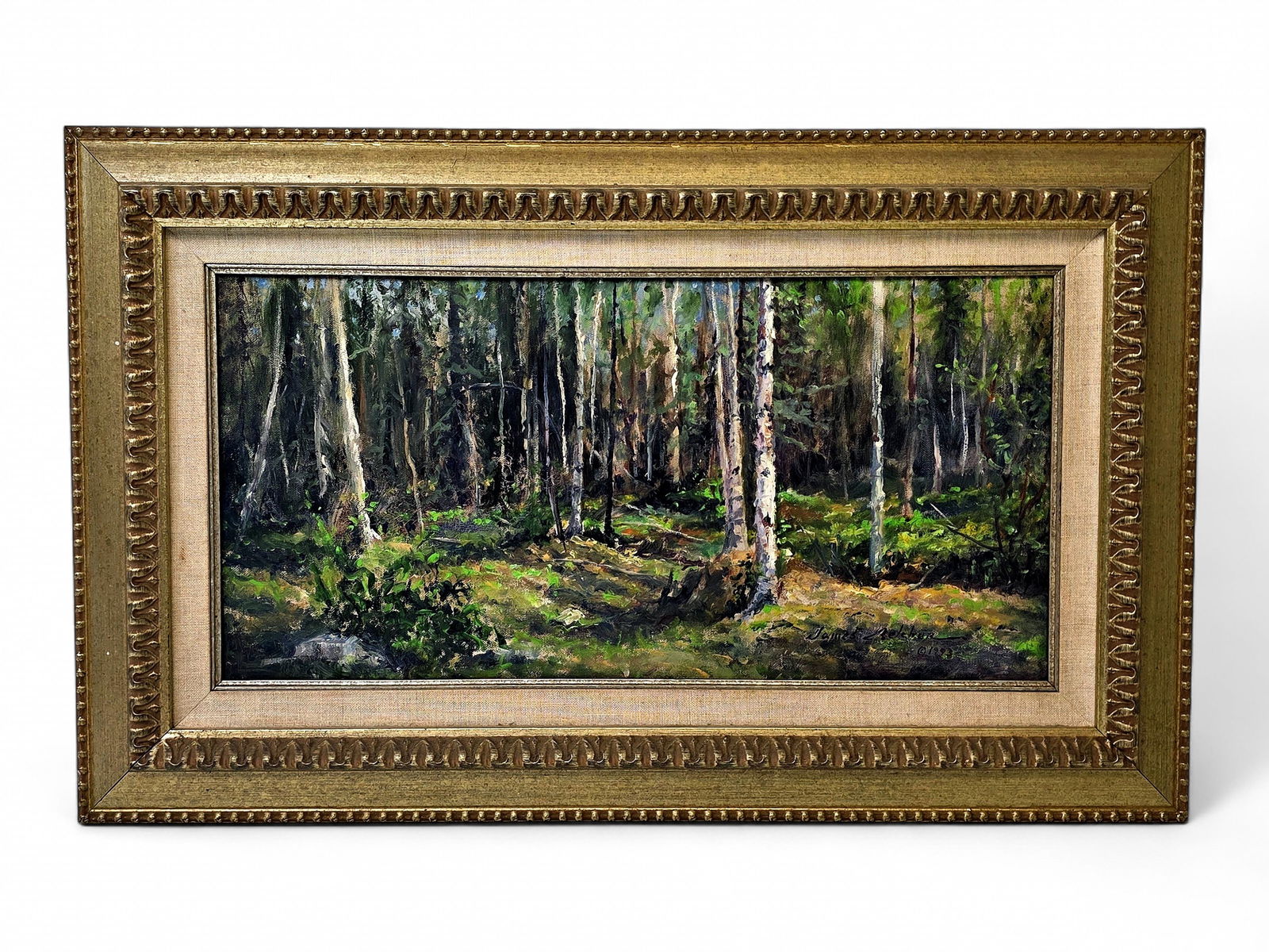 James Belcher Oil Landscape Painting of Birch Trees: An original landscape painting by Alaska artist James Belcher (20th/21st Century). Belcher is an American artist known for his vivid portrayals of Alaska's coastal and wilderness scenes. His work ofte